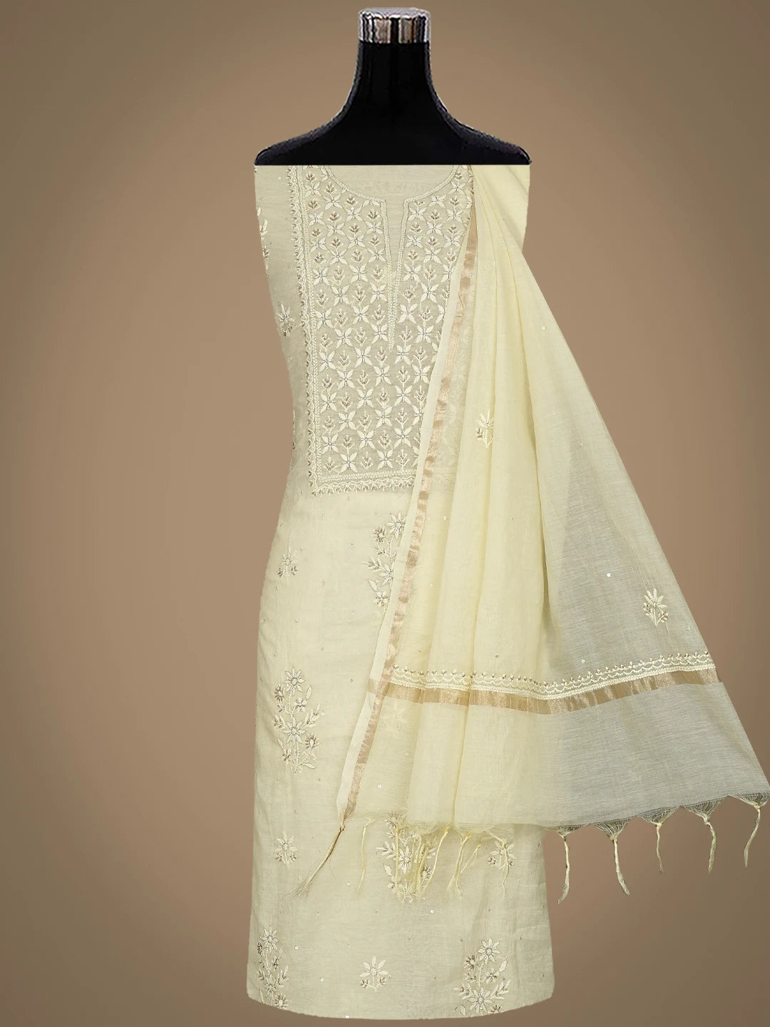 Ada Hand Embroidered Lemon Chanderi Lucknowi Chikankari Unstitched Kurta Dupatta Set With Cutdana Work 01A762570