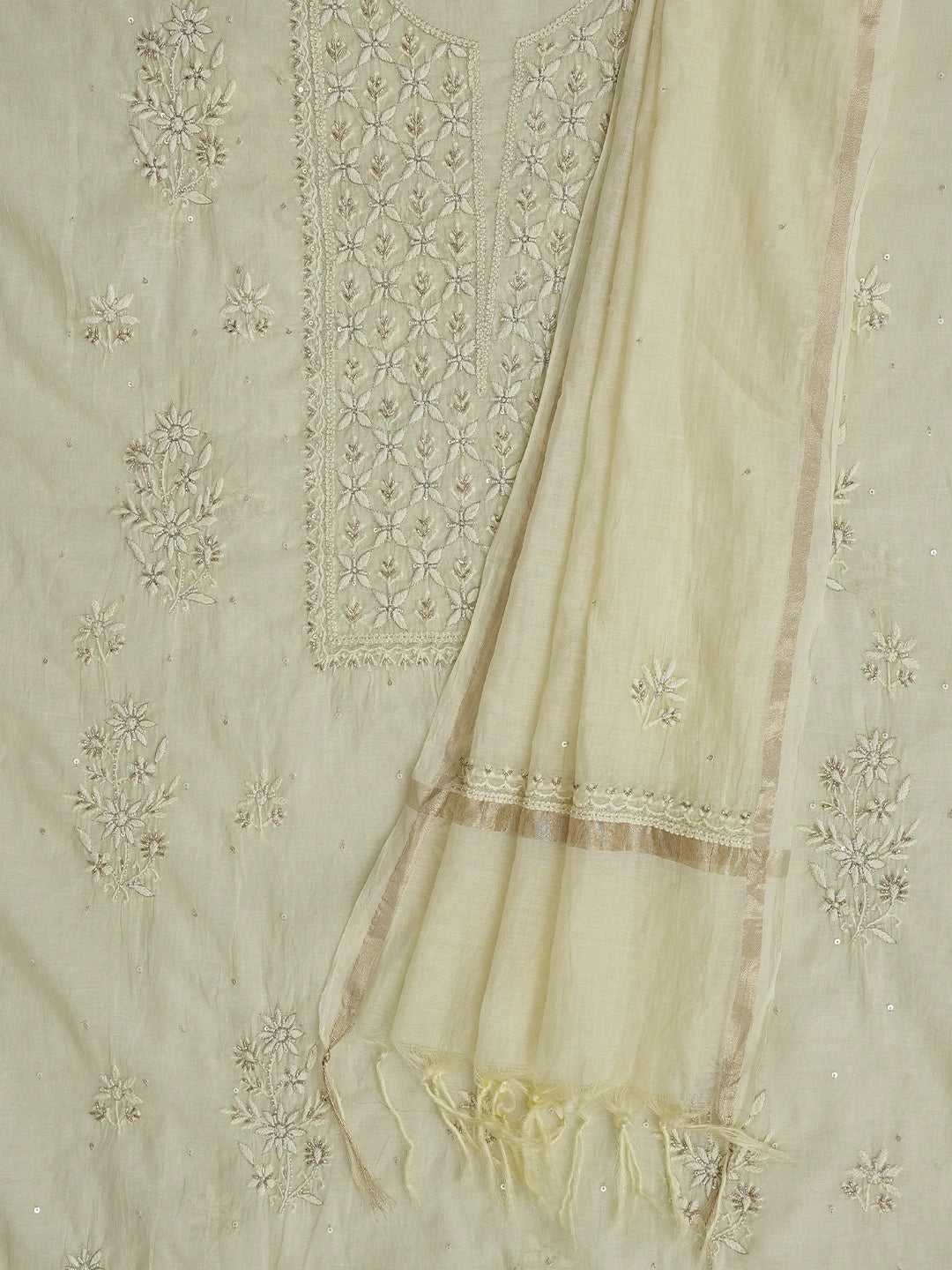 Ada Hand Embroidered Lemon Chanderi Lucknowi Chikankari Unstitched Kurta Dupatta Set With Cutdana Work 01A762570