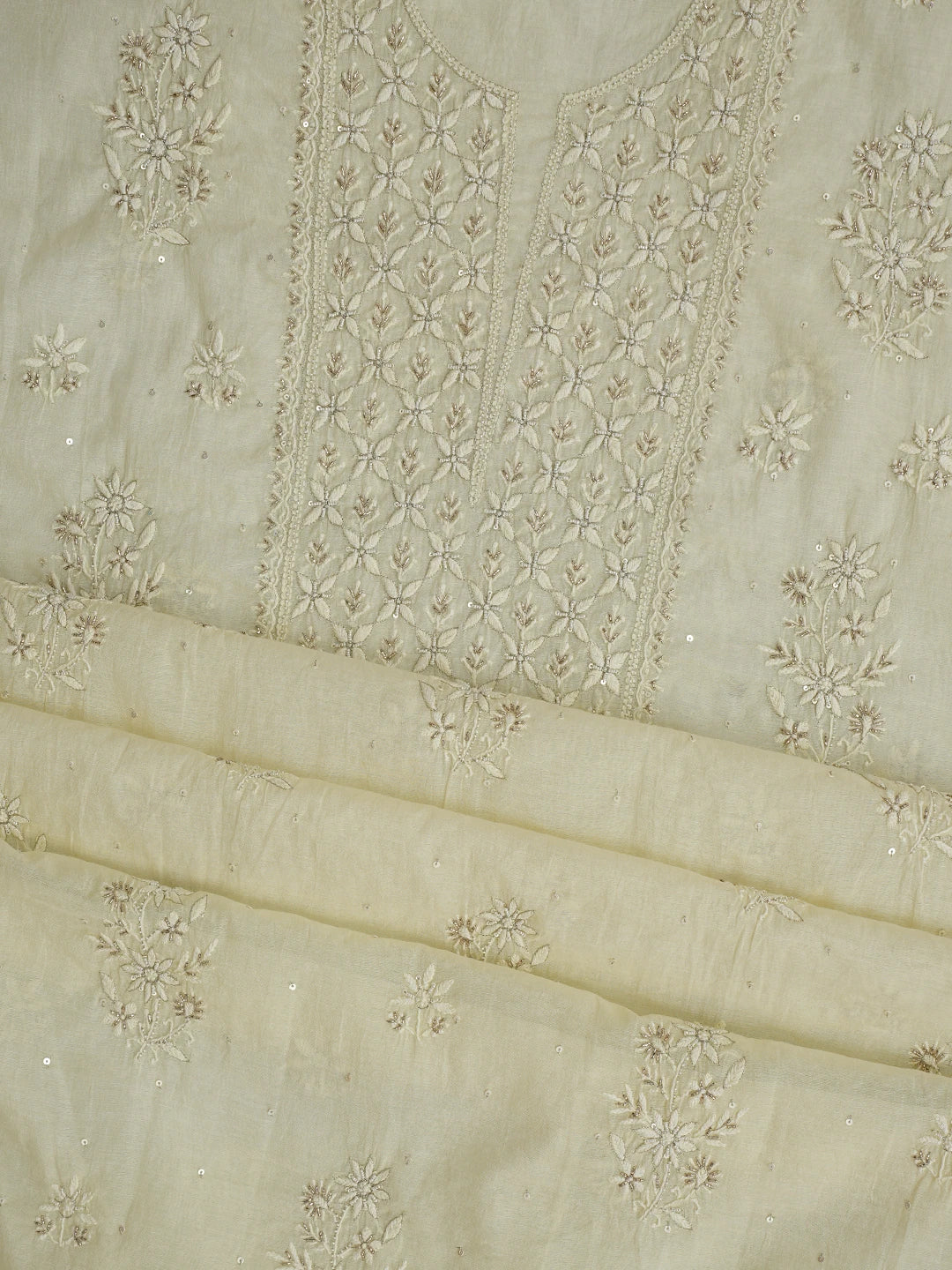 Ada Hand Embroidered Lemon Chanderi Lucknowi Chikankari Unstitched Kurta Dupatta Set With Cutdana Work 01A762570