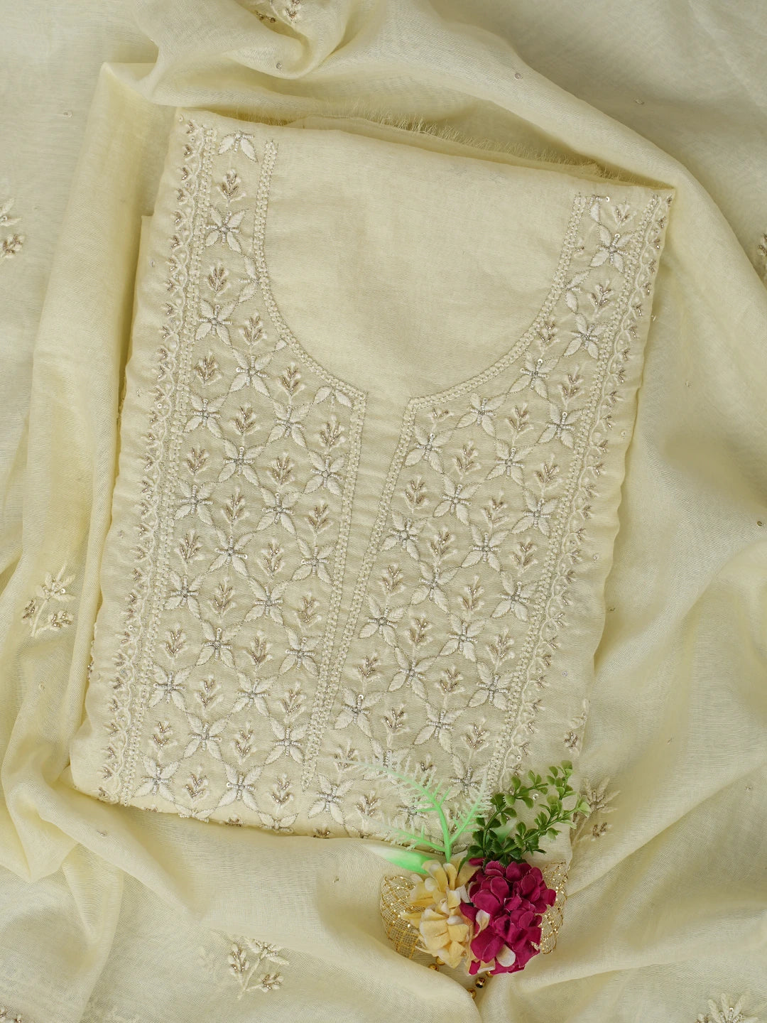 Ada Hand Embroidered Lemon Chanderi Lucknowi Chikankari Unstitched Kurta Dupatta Set With Cutdana Work 01A762570