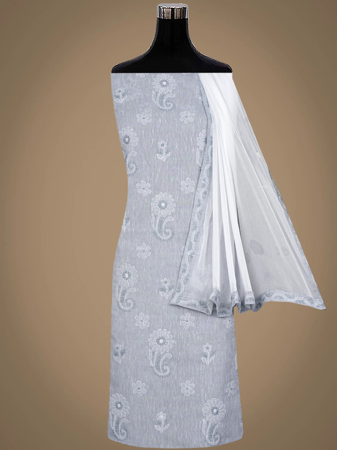 Ada Hand Embroidered Grey Linen Cotton Lucknowi Chikankari Unstitched Suit Piece 01A836601