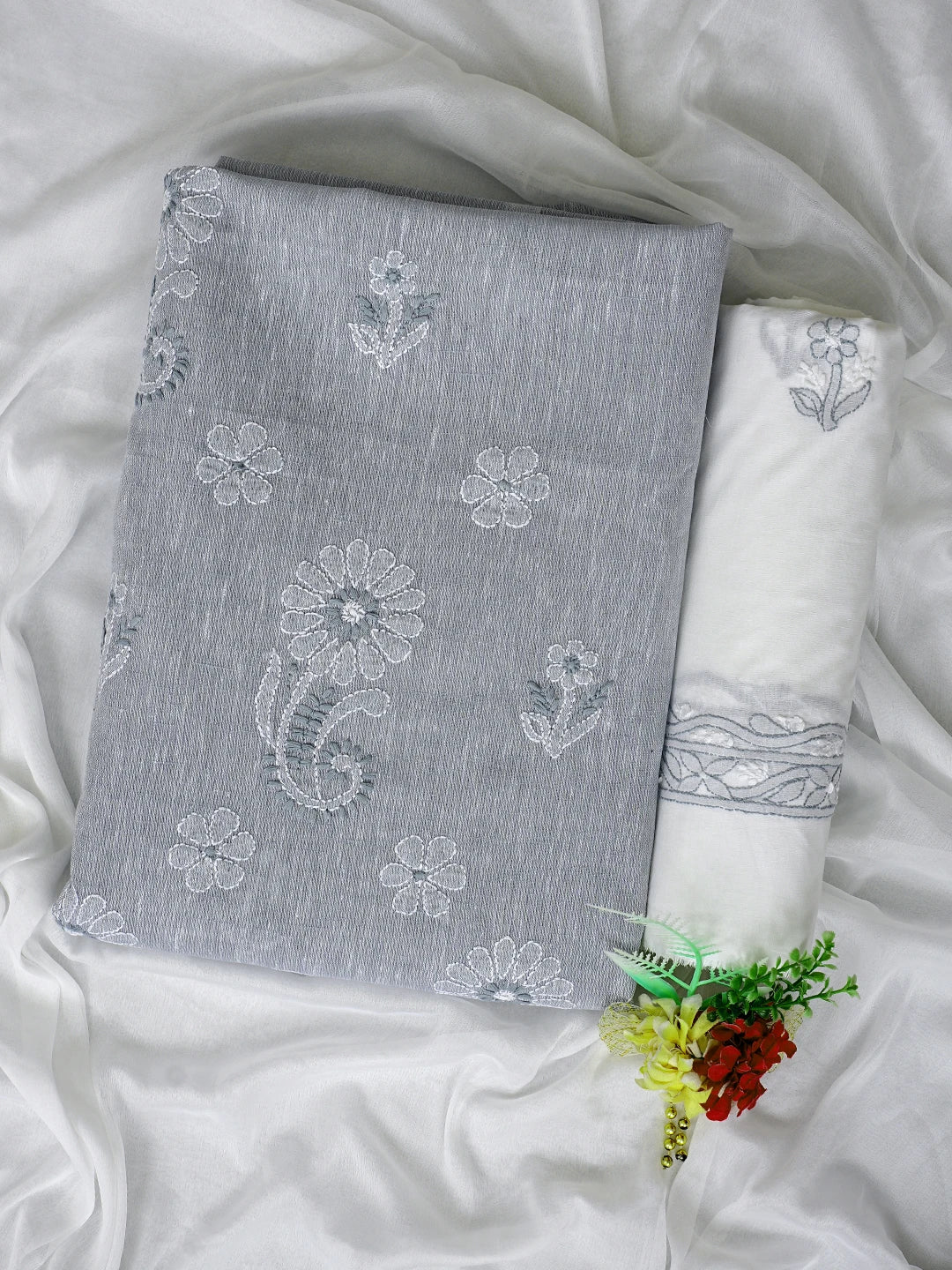 Ada Hand Embroidered Grey Linen Cotton Lucknowi Chikankari Unstitched Suit Piece 01A836601