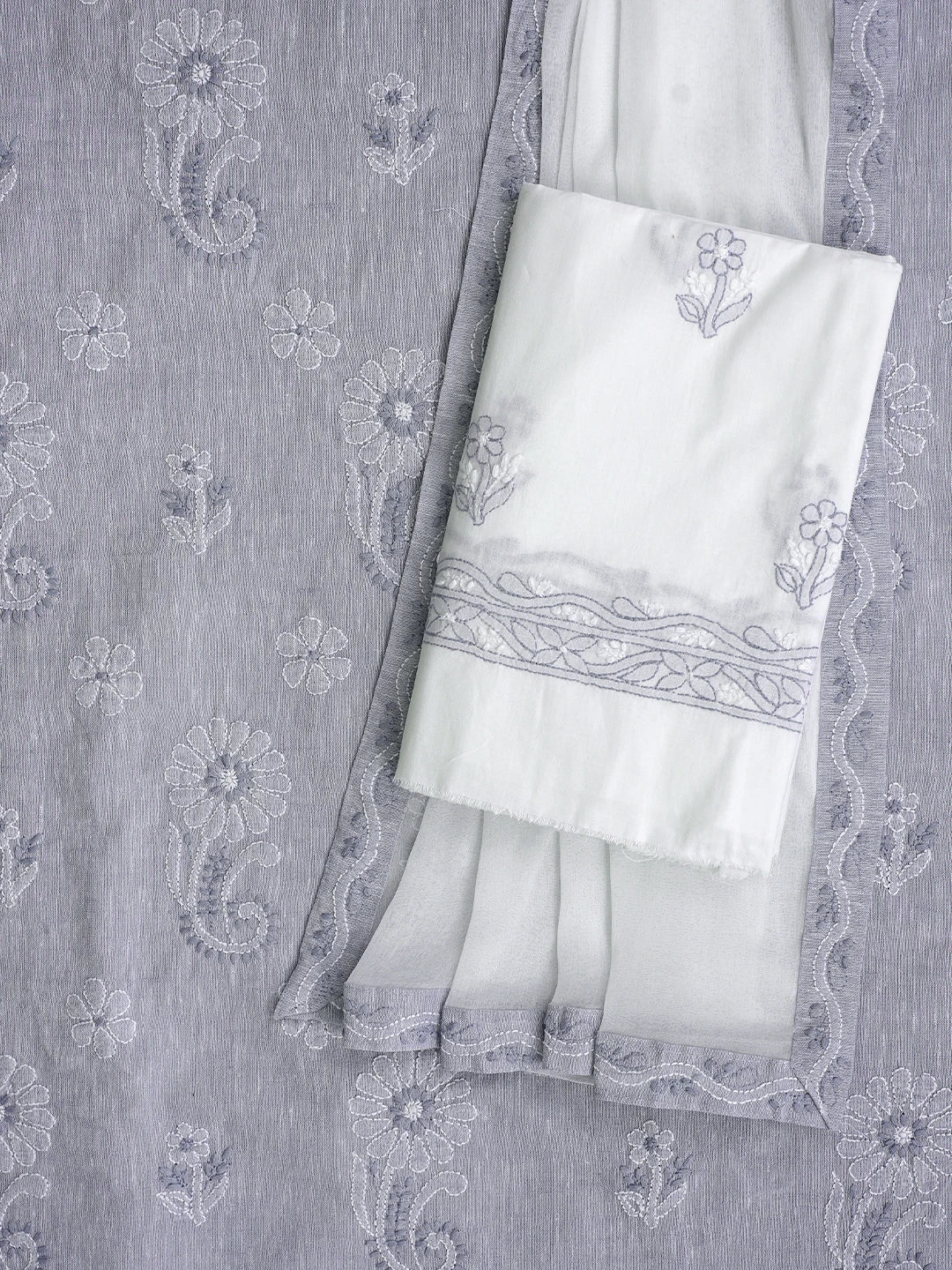 Ada Hand Embroidered Grey Linen Cotton Lucknowi Chikankari Unstitched Suit Piece 01A836601