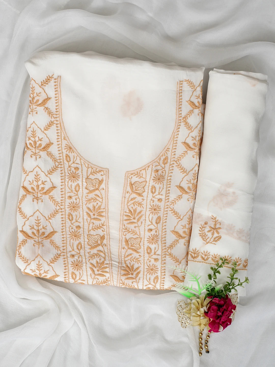 Ada Hand Embroidered White Crepe Lucknowi Chikankari Unstitched Suit Piece 08A500843