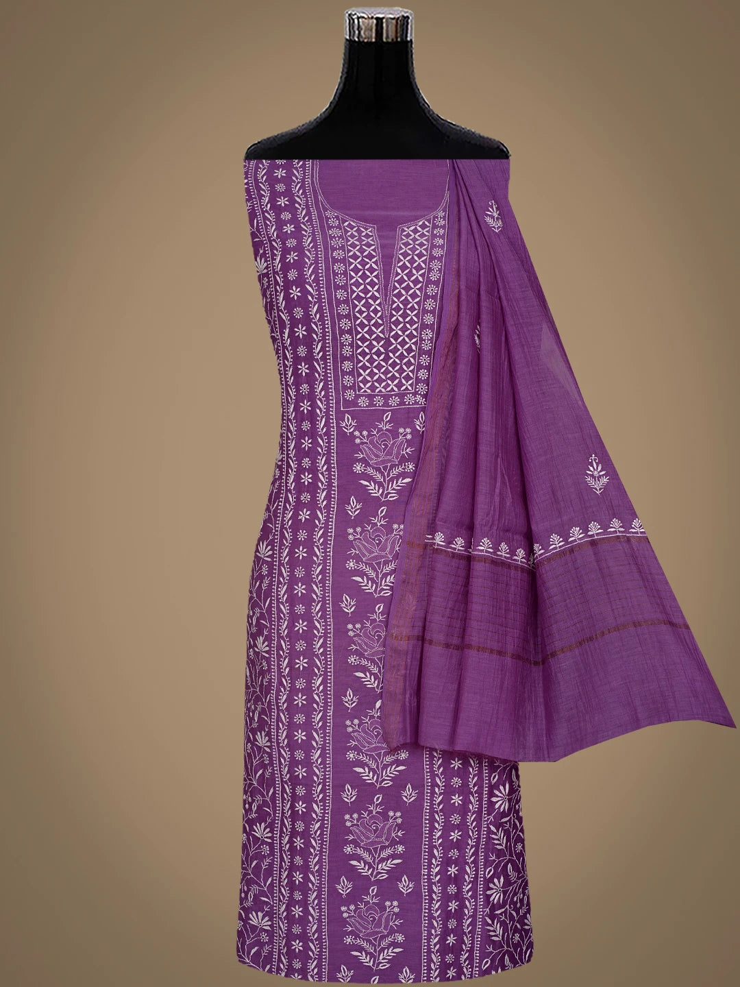 Ada Hand Embroidered Purple Chanderi Lucknowi Chikankari Unstitched Kurta Dupatta Set 01A843847