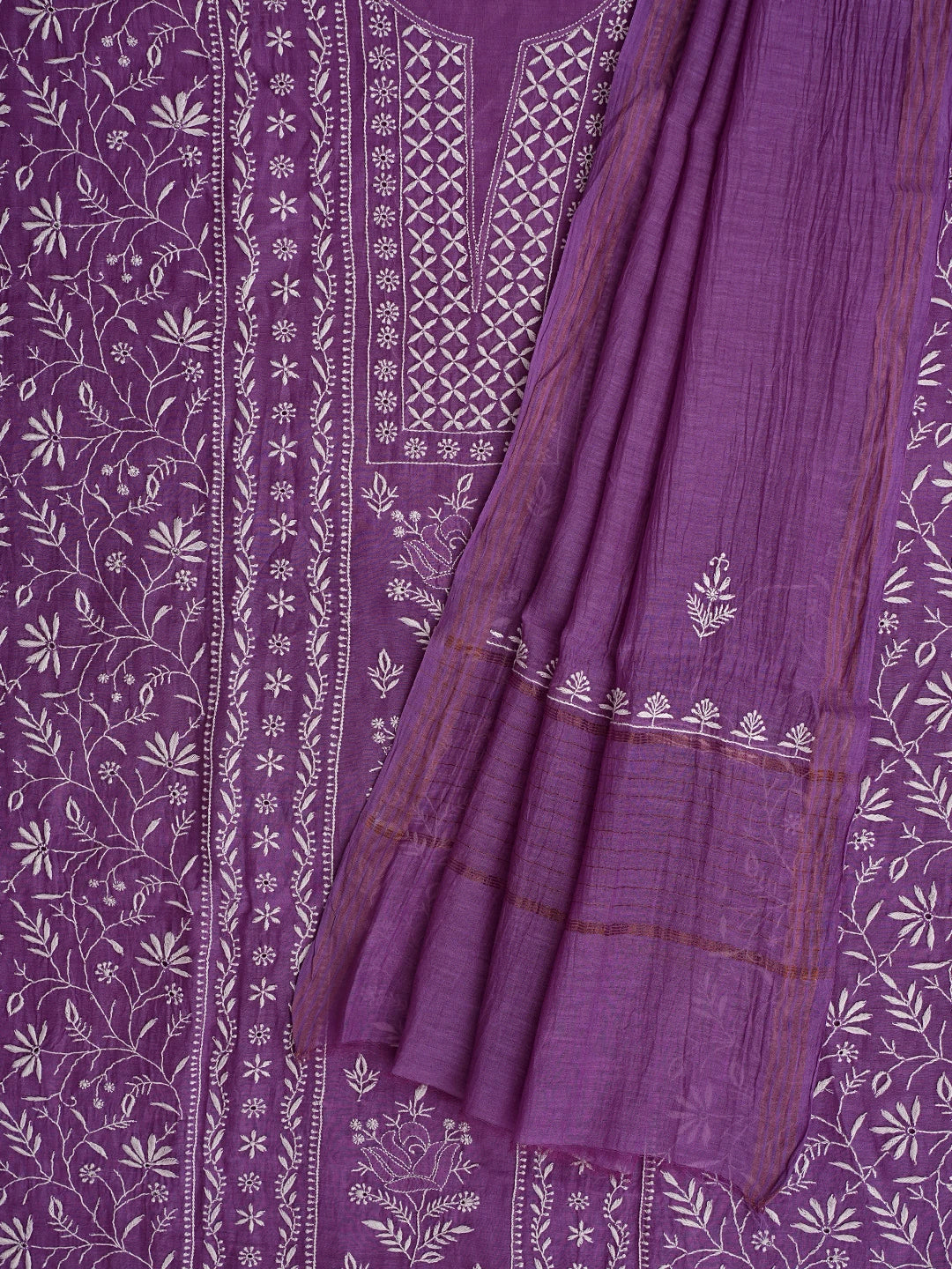 Ada Hand Embroidered Purple Chanderi Lucknowi Chikankari Unstitched Kurta Dupatta Set 01A843847