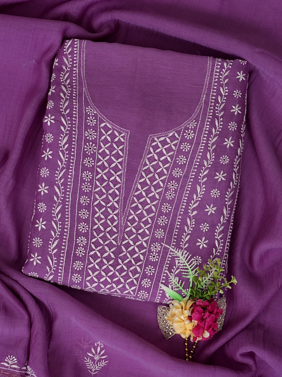 Ada Hand Embroidered Purple Chanderi Lucknowi Chikankari Unstitched Kurta Dupatta Set 01A843847