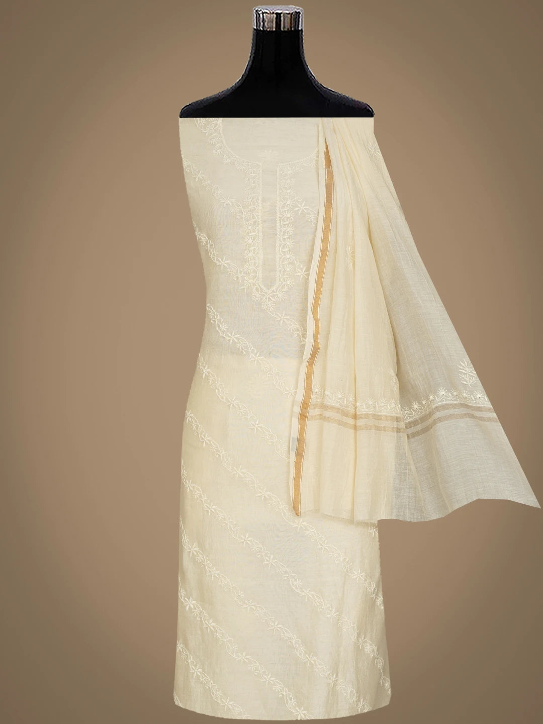 Ada Hand Embroidered Cream Chanderi Lucknowi Chikankari Unstitched Kurta Dupatta Set 01A808967