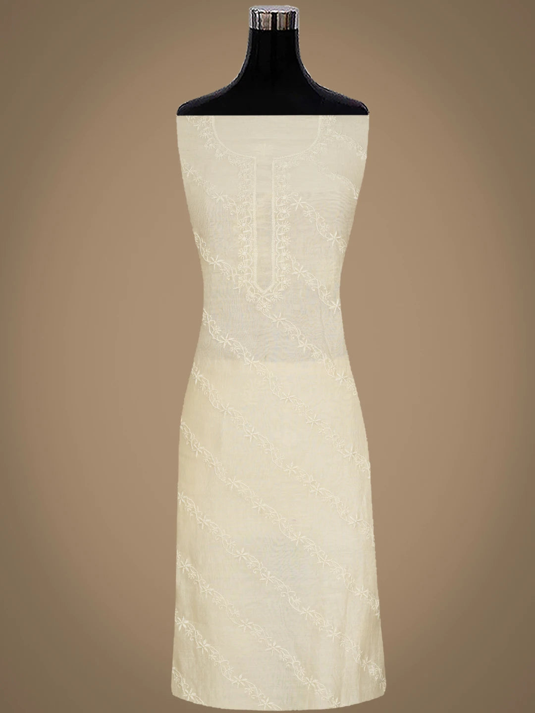 Ada Hand Embroidered Cream Chanderi Lucknowi Chikankari Unstitched Kurta Dupatta Set 01A808967