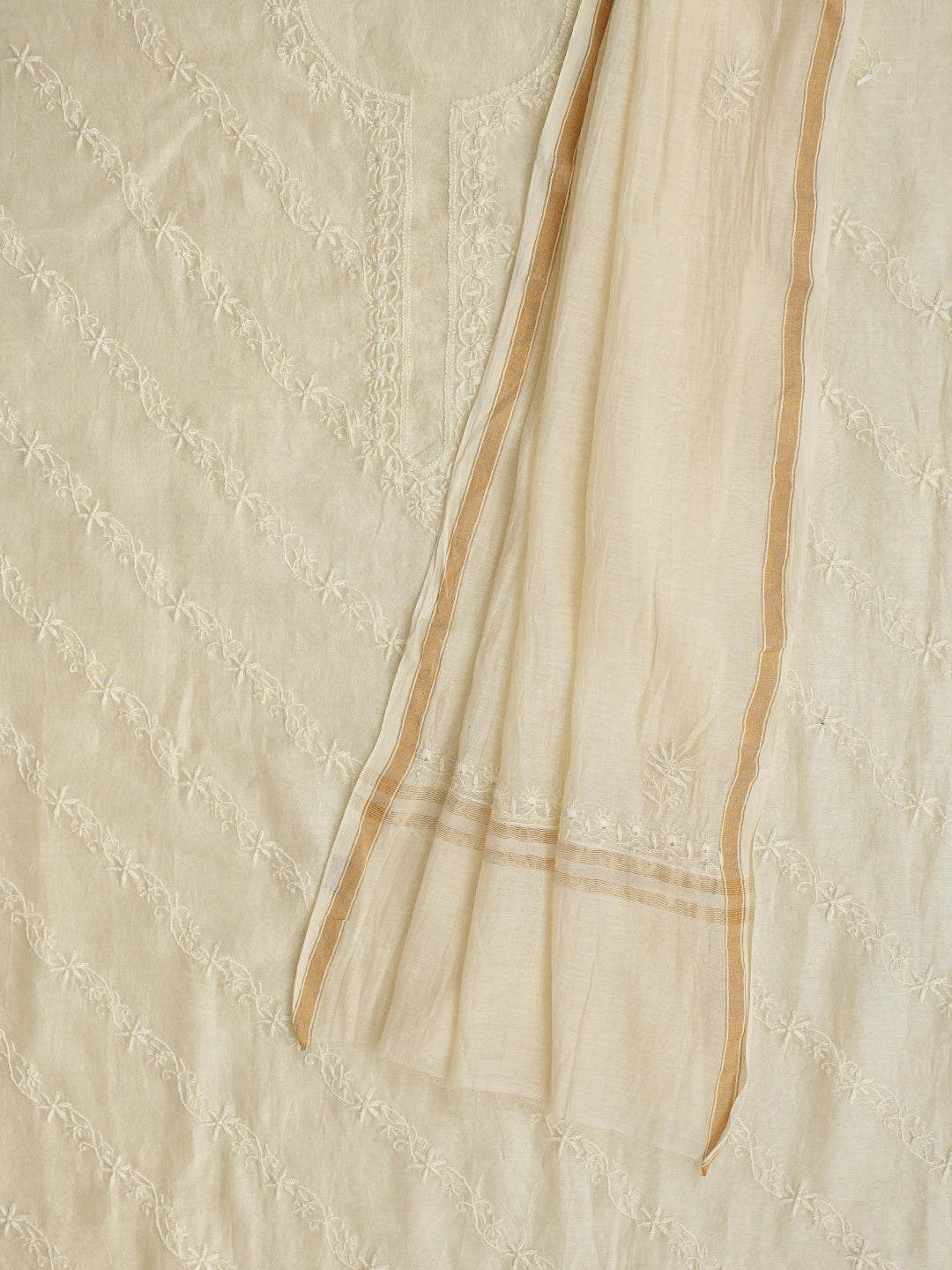 Ada Hand Embroidered Cream Chanderi Lucknowi Chikankari Unstitched Kurta Dupatta Set 01A808967