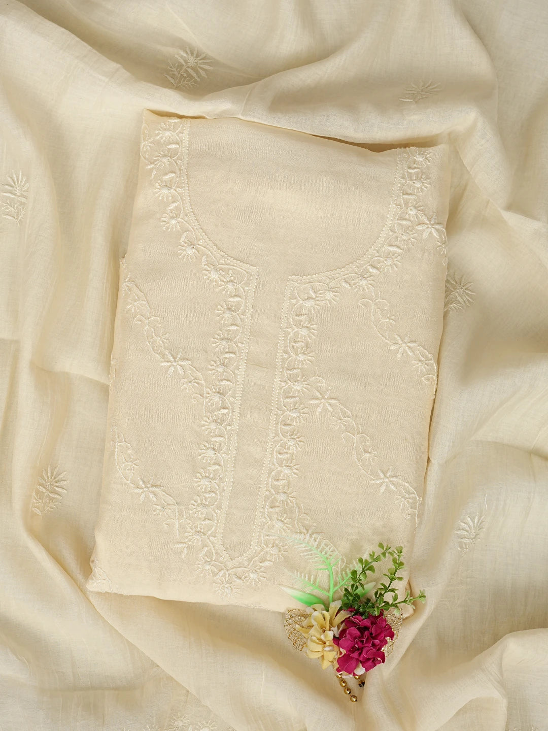Ada Hand Embroidered Cream Chanderi Lucknowi Chikankari Unstitched Kurta Dupatta Set 01A808967