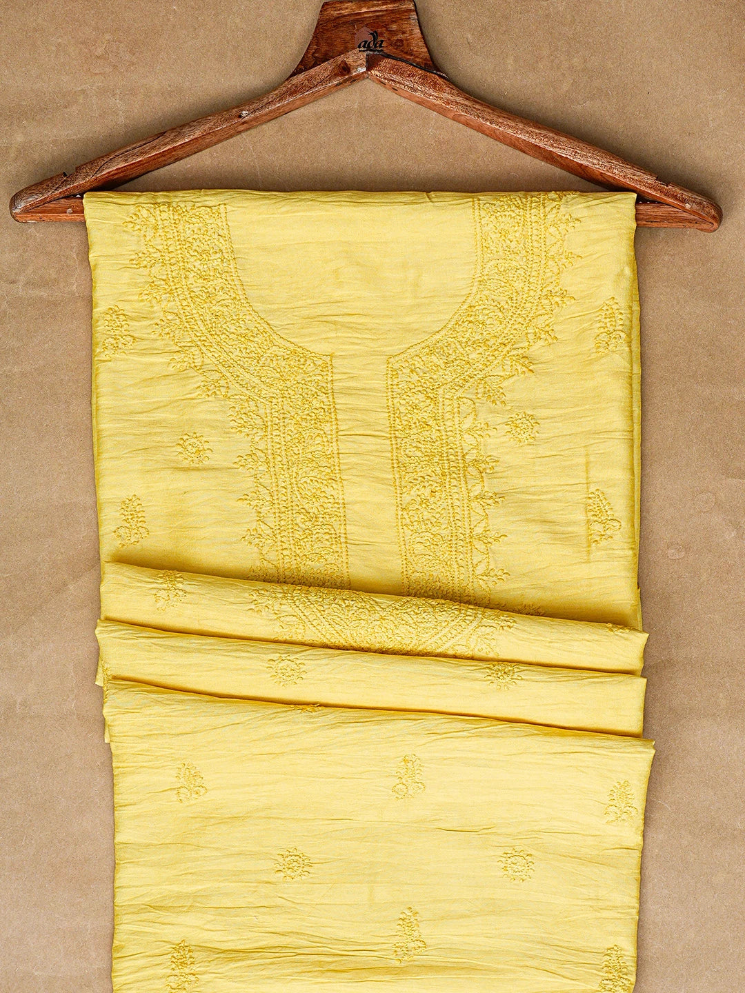 Ada Hand Embroidered Yellow Chanderi Lucknowi Chikankari Unstitched Men's Kurta Piece 01A812577