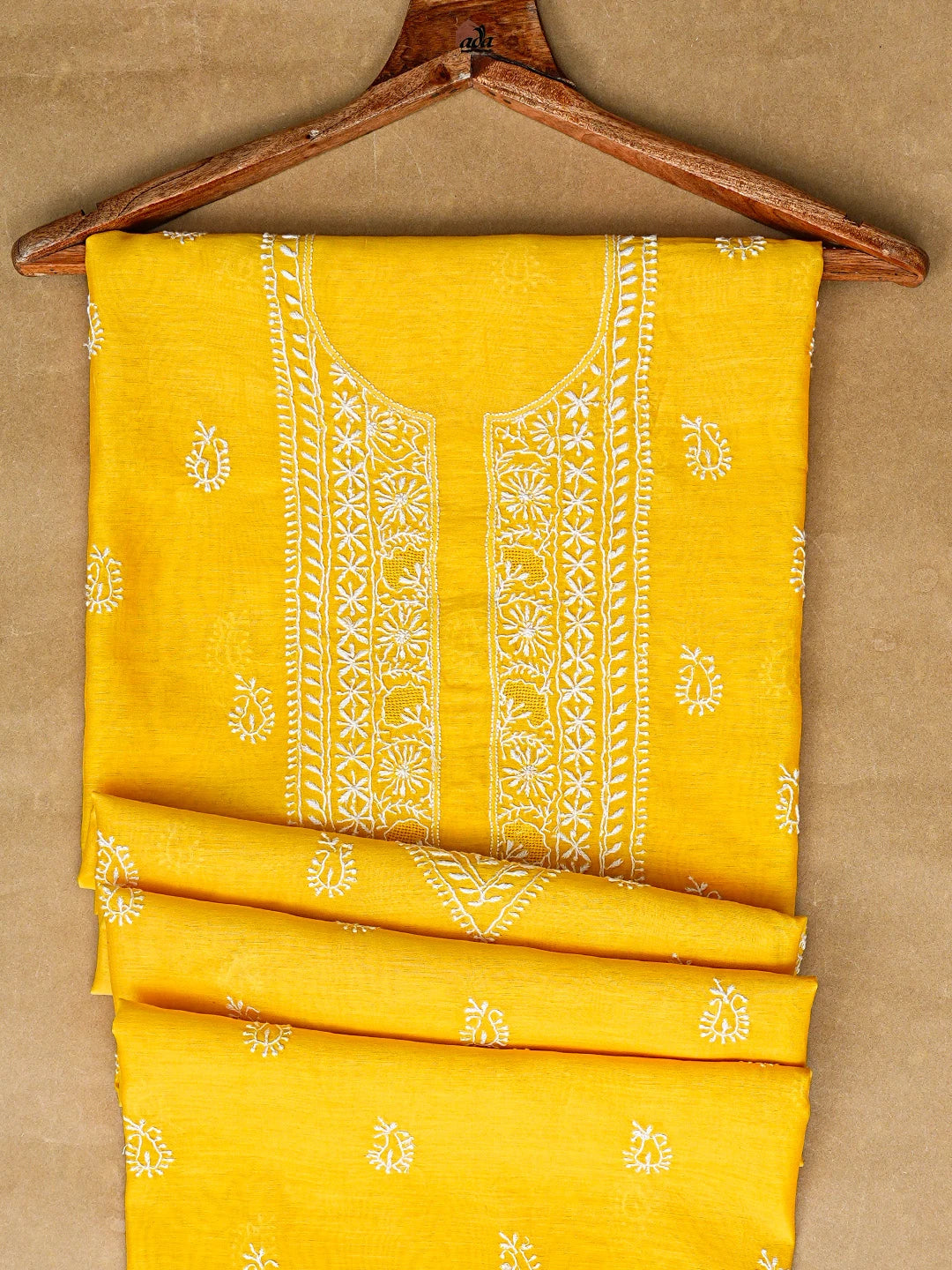 Ada Hand Embroidered Yellow Chanderi Lucknowi Chikankari Unstitched Men's Kurta Piece 01A859984