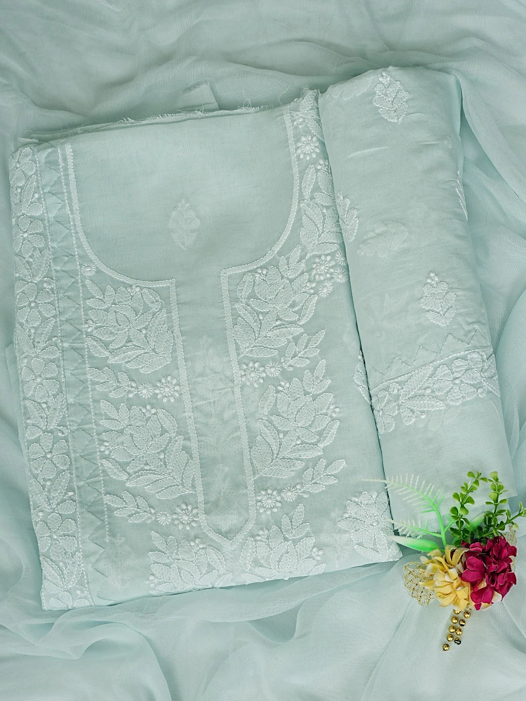 Ada Hand Embroidered Pistachio Green Cotton Lucknowi Chikankari Unstitched Suit Piece 01A871561
