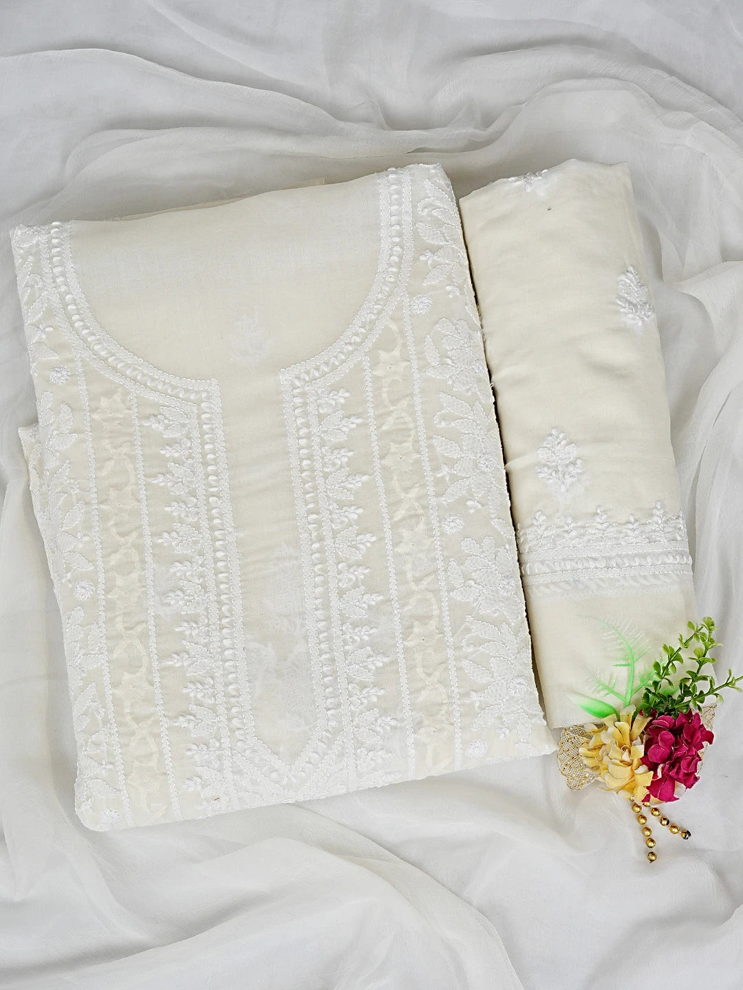 Ada Hand Embroidered Cream Cotton Lucknowi Chikankari Unstitched Suit Piece 01A871581