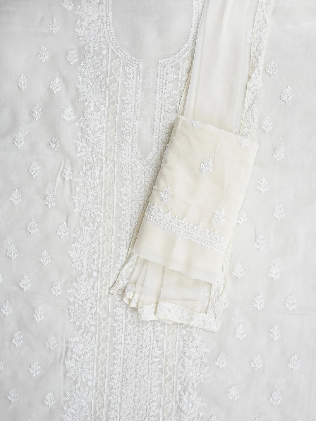 Ada Hand Embroidered Cream Cotton Lucknowi Chikankari Unstitched Suit Piece 01A871581
