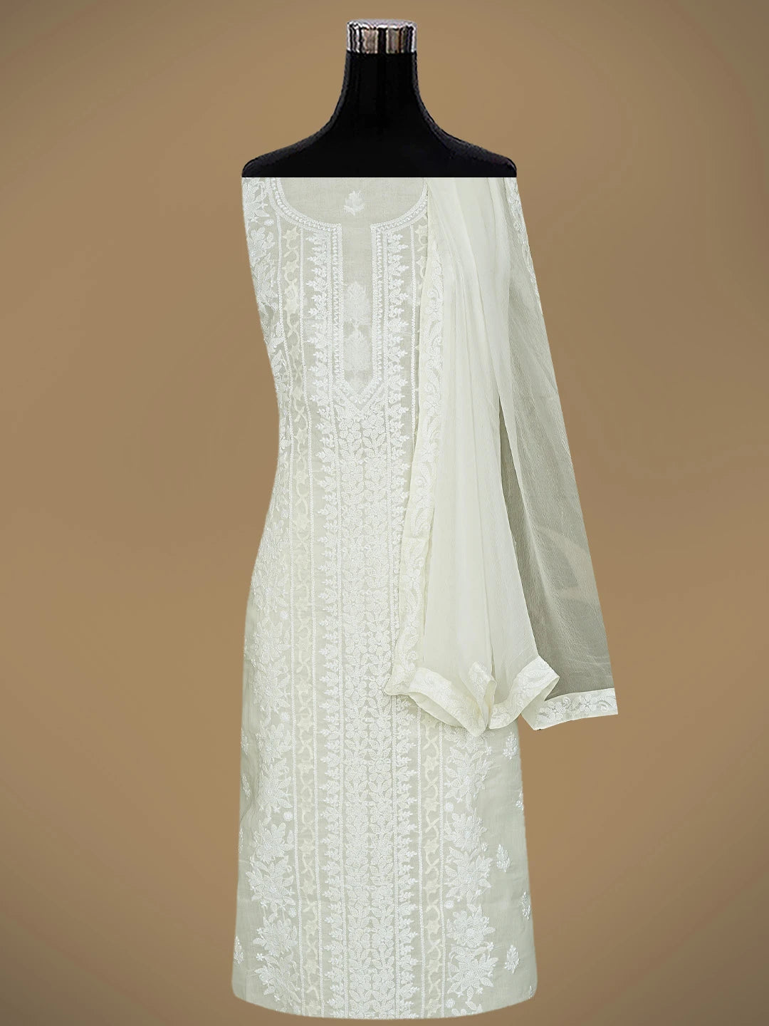 Ada Hand Embroidered Cream Cotton Lucknowi Chikankari Unstitched Suit Piece 01A871581