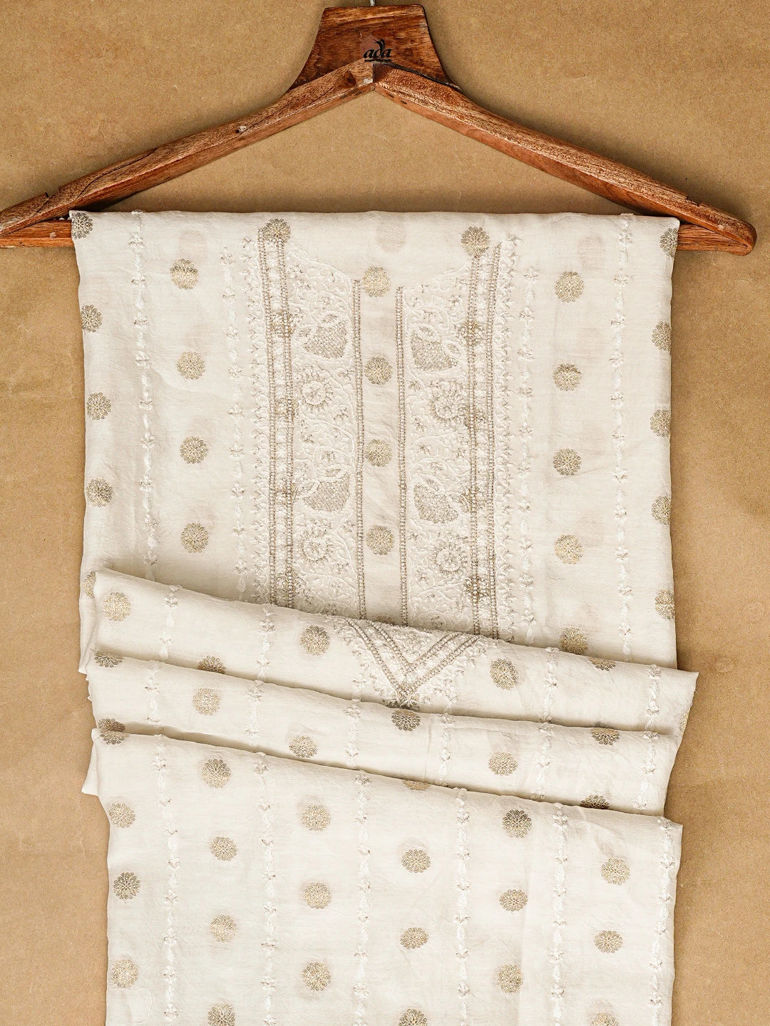 Ada Hand Embroidered White Chanderi Lucknowi Chikankari Unstitched Men's Kurta Piece With Cutdana Work 01A867129