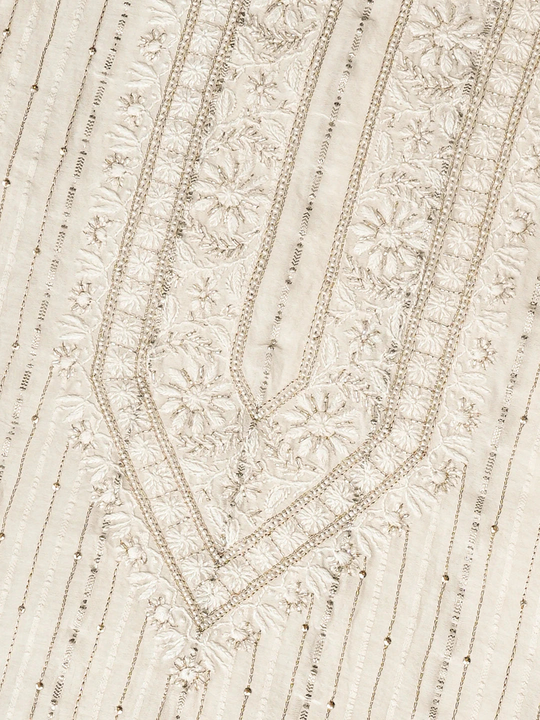 Ada Hand Embroidered White Chanderi Lucknowi Chikankari Unstitched Men's Kurta Piece With Pearl Work 01A867102