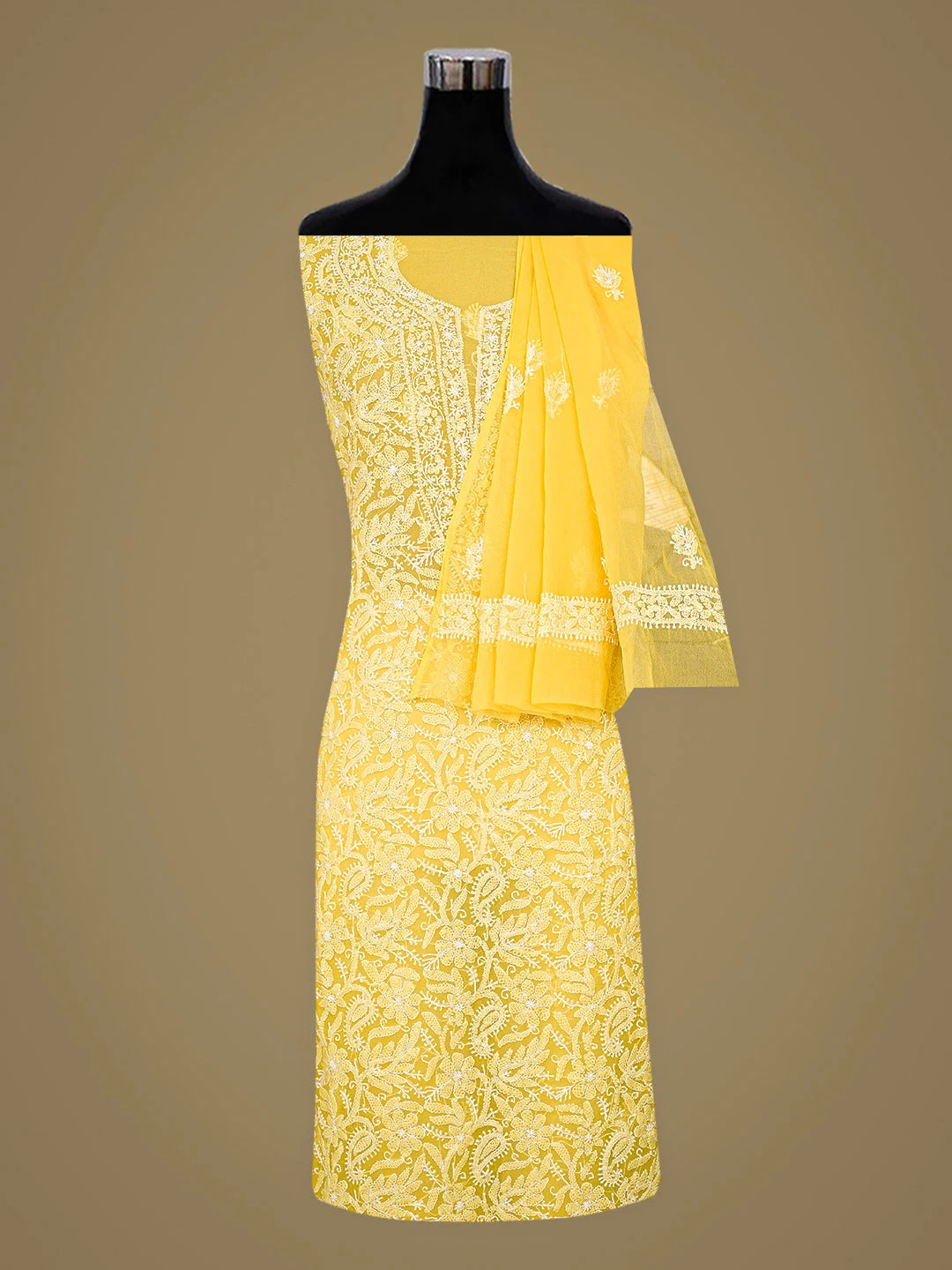 Ada Hand Embroidered Yellow Georgette Lucknowi Chikankari Unstitched Suit Piece 01A859812