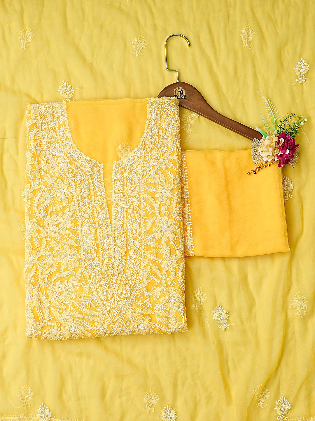 Ada Hand Embroidered Yellow Georgette Lucknowi Chikankari Unstitched Suit Piece 01A859812