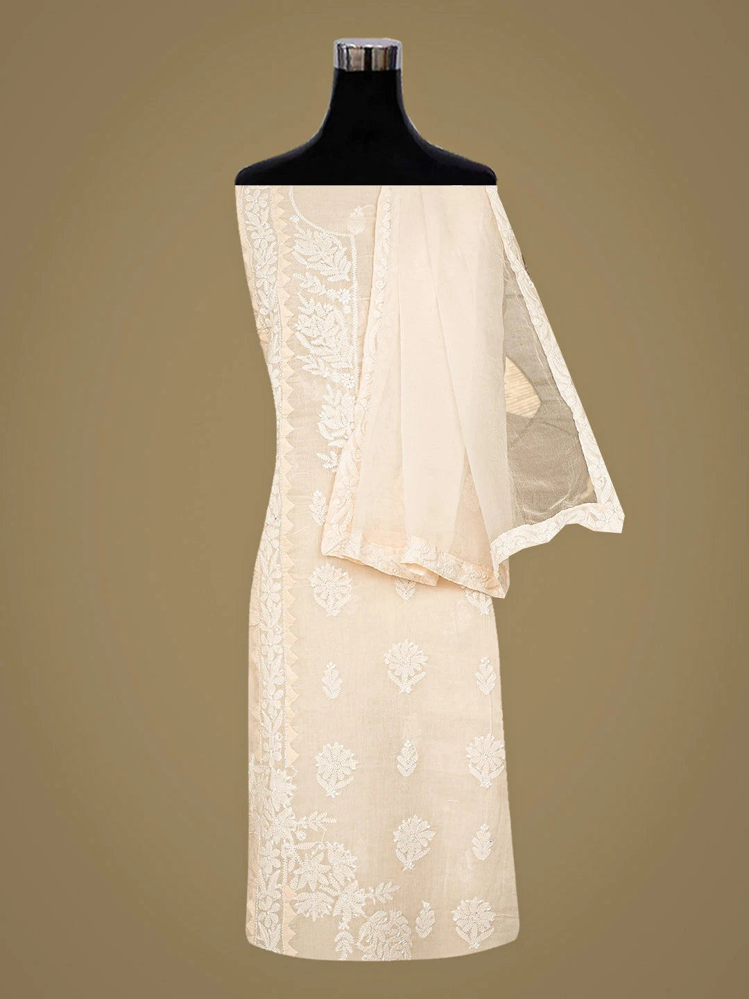 Ada Hand Embroidered Peach Cotton Lucknowi Chikankari Unstitched Suit Piece 01A871559