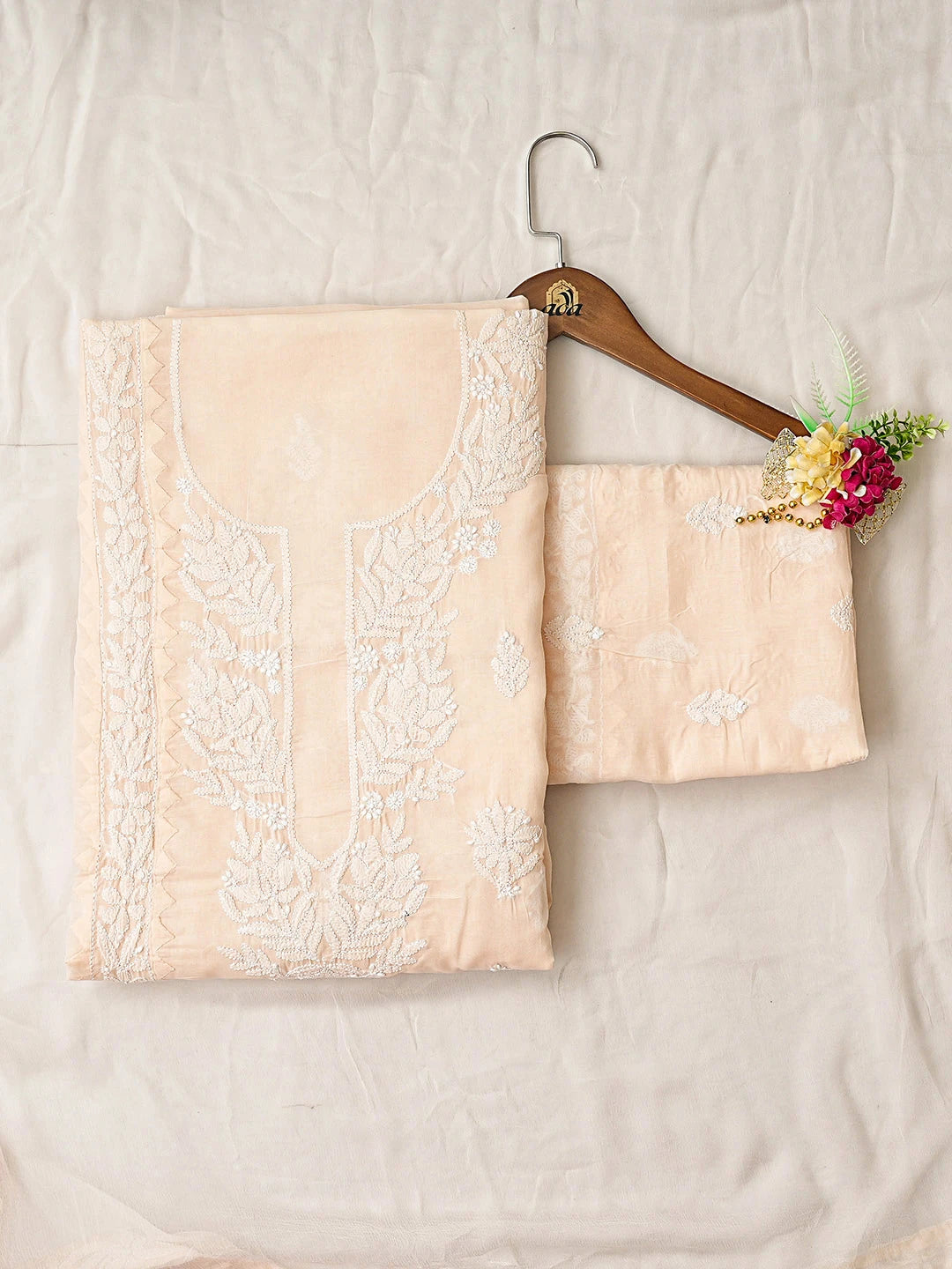 Ada Hand Embroidered Peach Cotton Lucknowi Chikankari Unstitched Suit Piece 01A871559