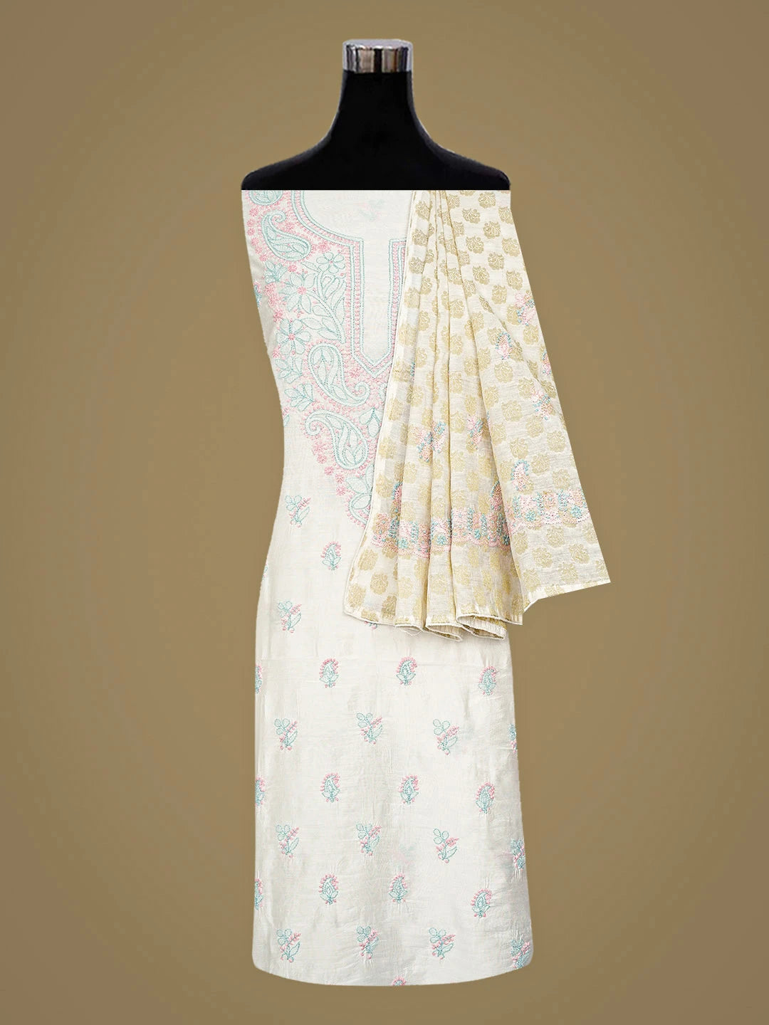 Ada Hand Embroidered White Chanderi Lucknowi Chikankari Unstitched Kurta Dupatta Set 01A871550