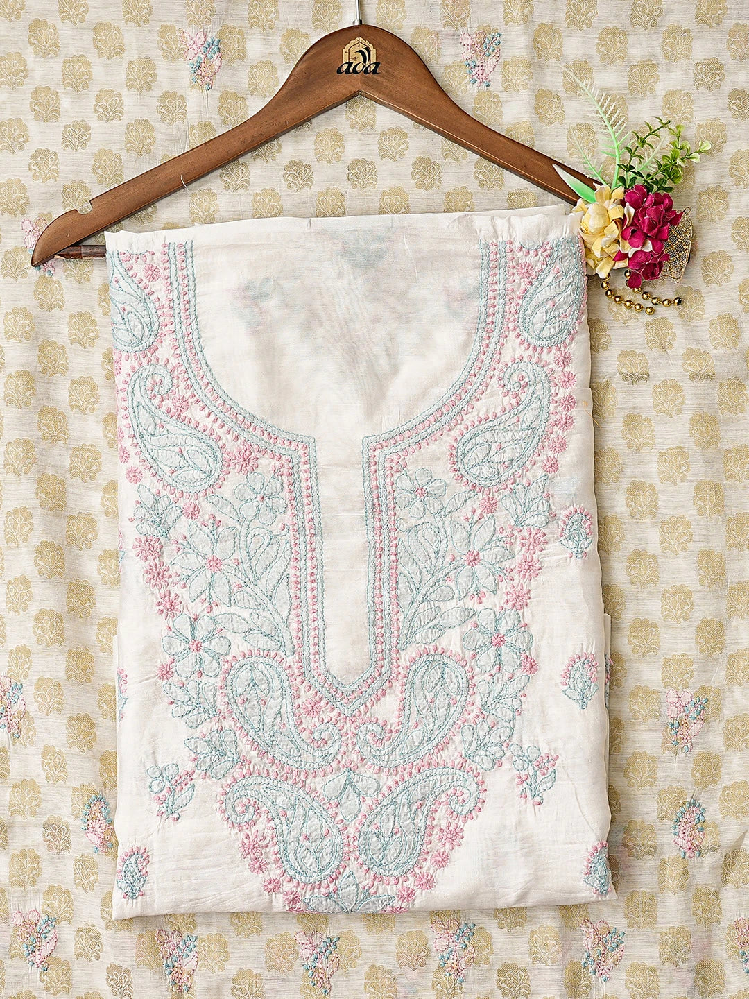 Ada Hand Embroidered White Chanderi Lucknowi Chikankari Unstitched Kurta Dupatta Set 01A871550