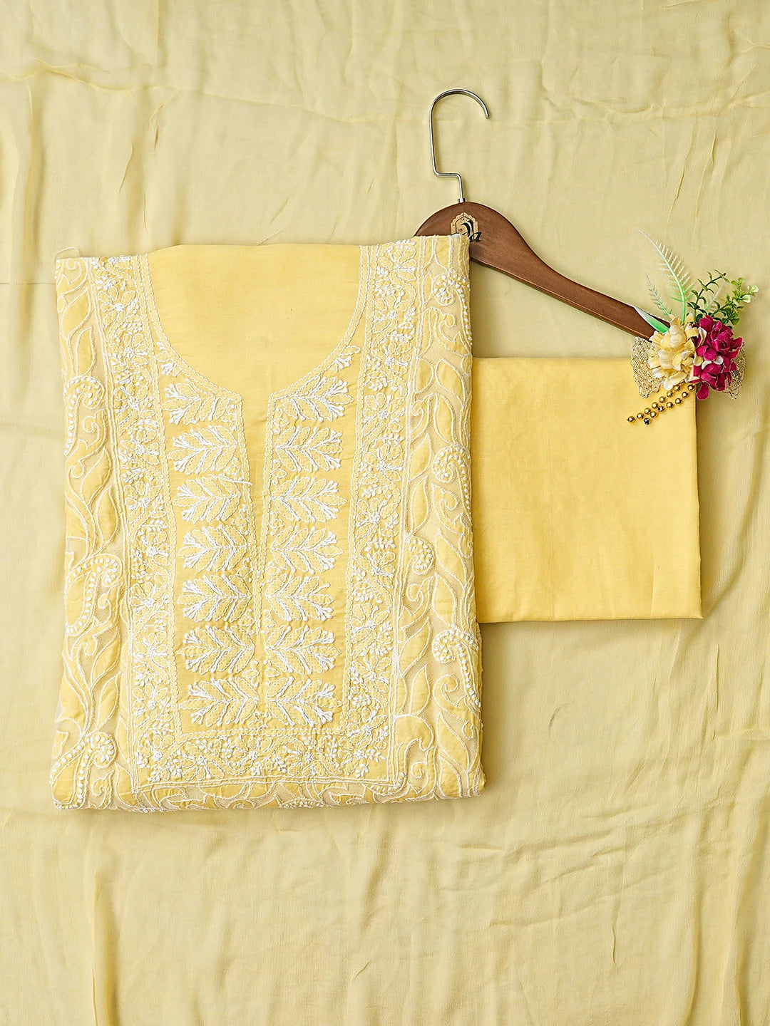 Ada Hand Embroidered Yellow Cotton Lucknowi Chikankari Unstitched Suit Piece 08A500400