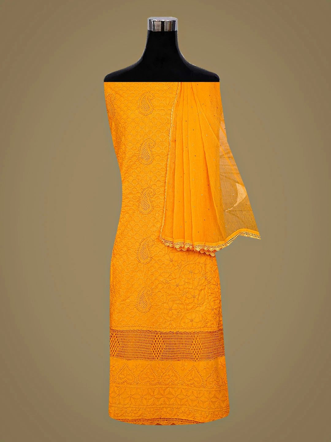 Ada Hand Embroidered Orange Cotton Lucknowi Chikankari Unstitched Suit Piece 01A839559