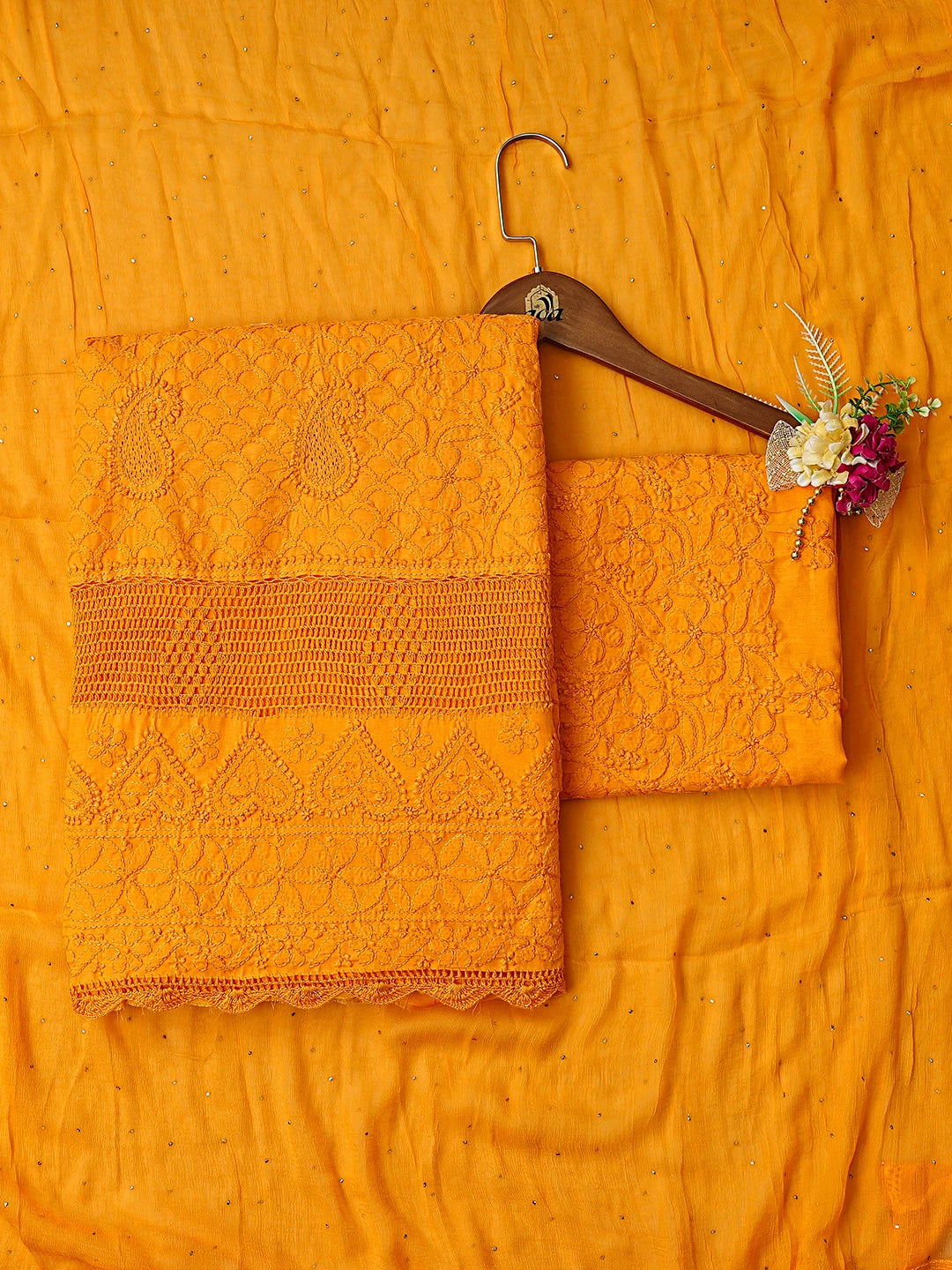 Ada Hand Embroidered Orange Cotton Lucknowi Chikankari Unstitched Suit Piece 01A839559