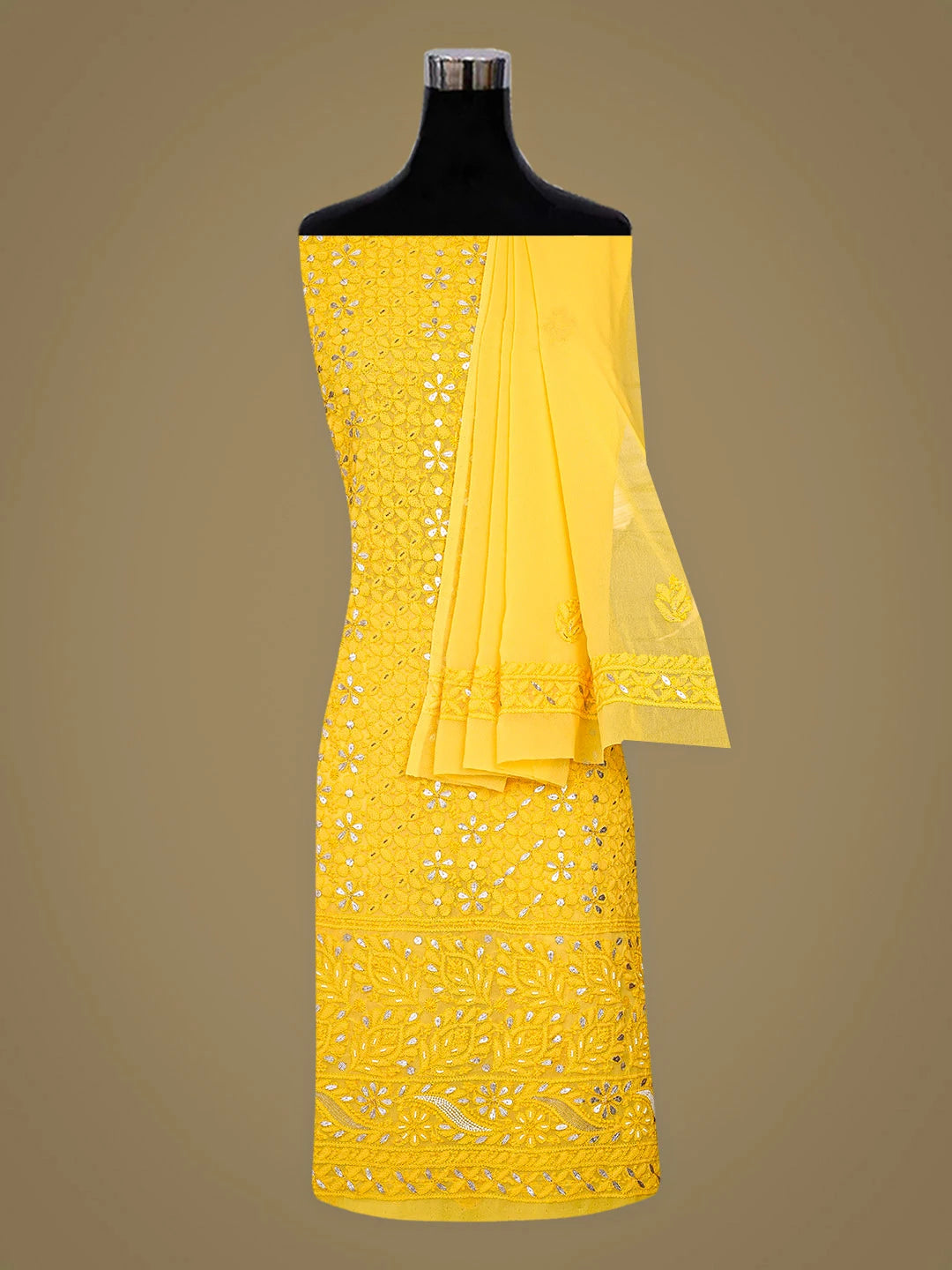 Ada Hand Embroidered Yellow Georgette Lucknowi Chikankari Unstitched Suit Piece With Gotapatti Work 01A586352