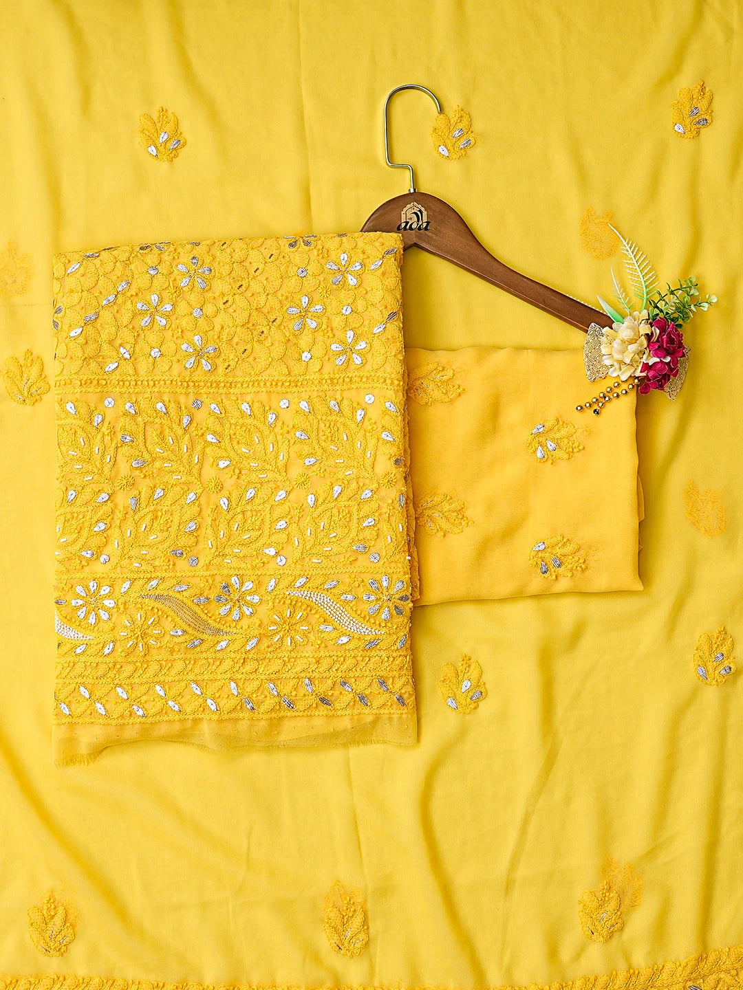 Ada Hand Embroidered Yellow Georgette Lucknowi Chikankari Unstitched Suit Piece With Gotapatti Work 01A586352