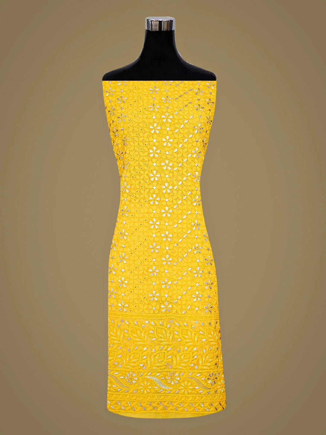 Ada Hand Embroidered Yellow Georgette Lucknowi Chikankari Unstitched Suit Piece With Gotapatti Work 01A586352
