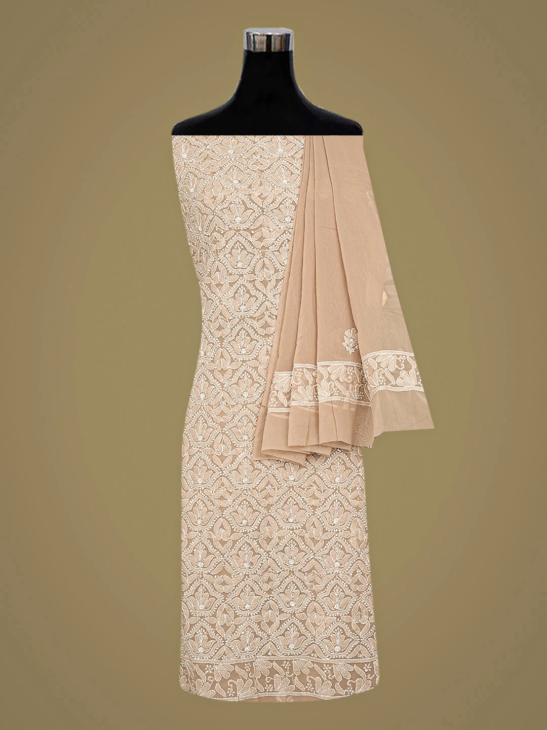 Ada Hand Embroidered Light Fawn Georgette Lucknowi Chikankari Unstitched Suit Piece 01A867801
