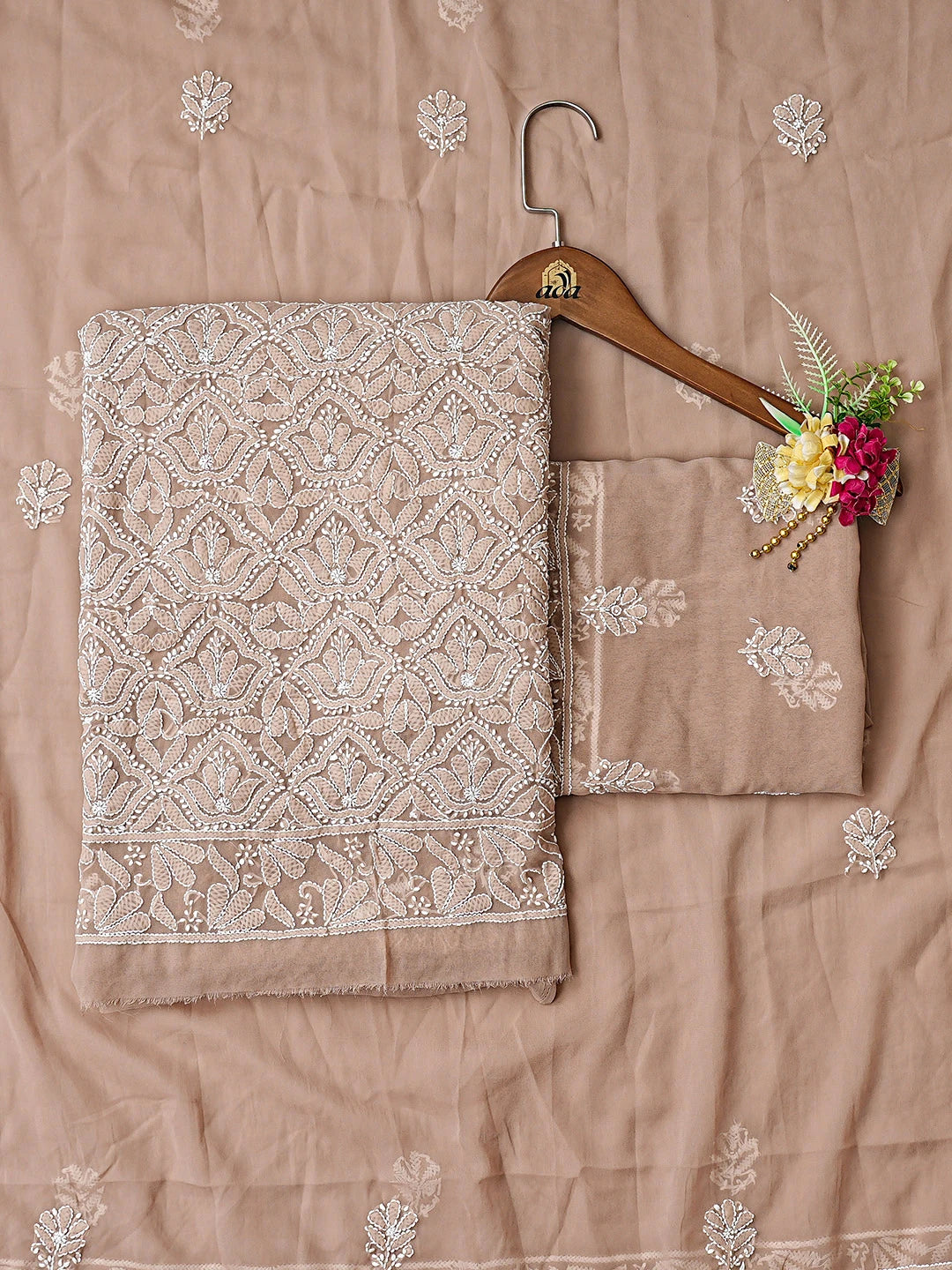 Ada Hand Embroidered Light Fawn Georgette Lucknowi Chikankari Unstitched Suit Piece 01A867801