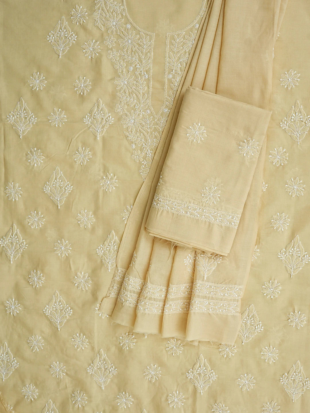Ada Hand Embroidered Fawn Cotton Lucknowi Chikankari Unstitched Suit Piece 01A765261