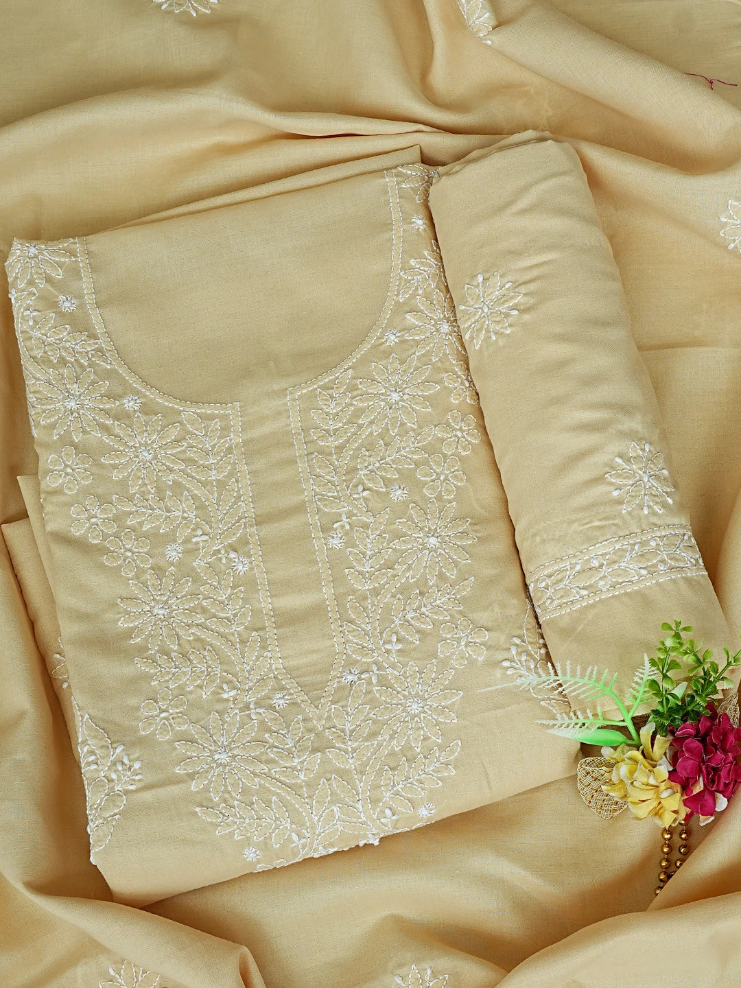 Ada Hand Embroidered Fawn Cotton Lucknowi Chikankari Unstitched Suit Piece 01A765261
