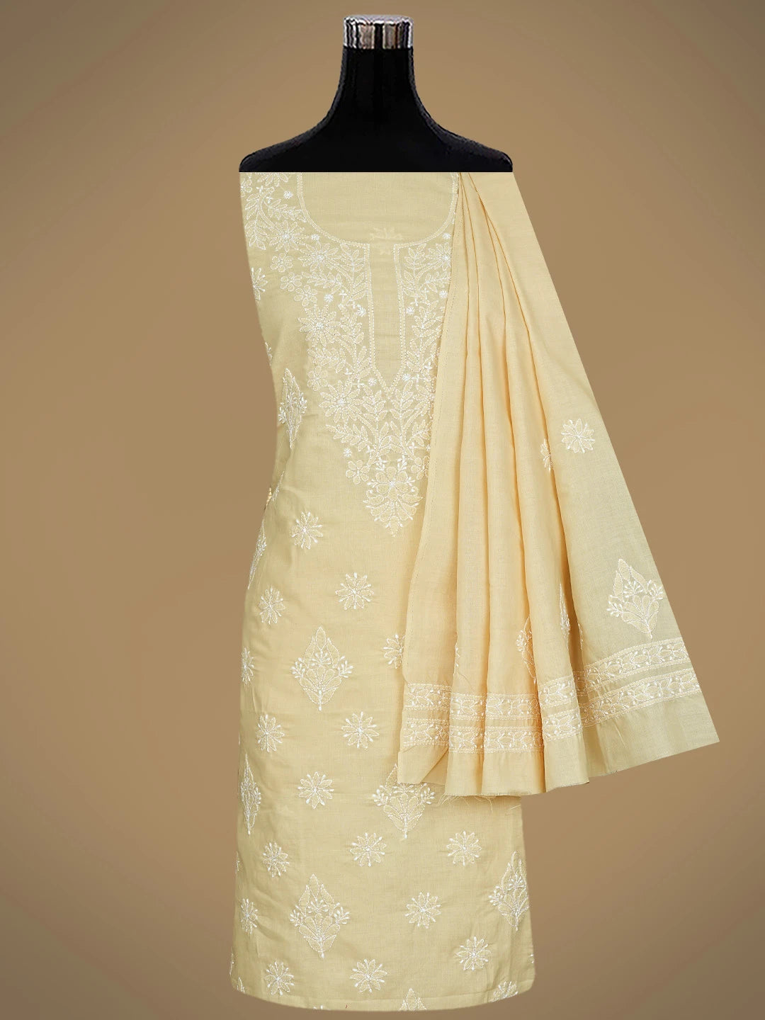 Ada Hand Embroidered Fawn Cotton Lucknowi Chikankari Unstitched Suit Piece 01A765261