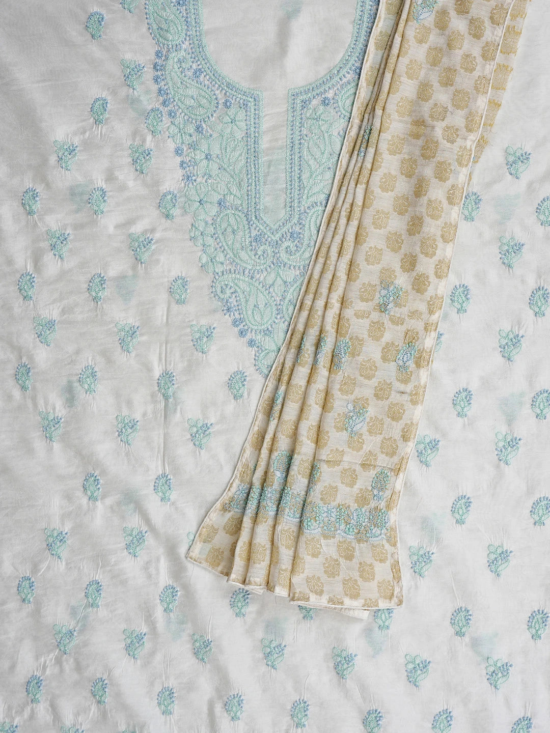 Ada Hand Embroidered White Chanderi Lucknowi Chikankari Unstitched Kurta Dupatta Set 01A871548