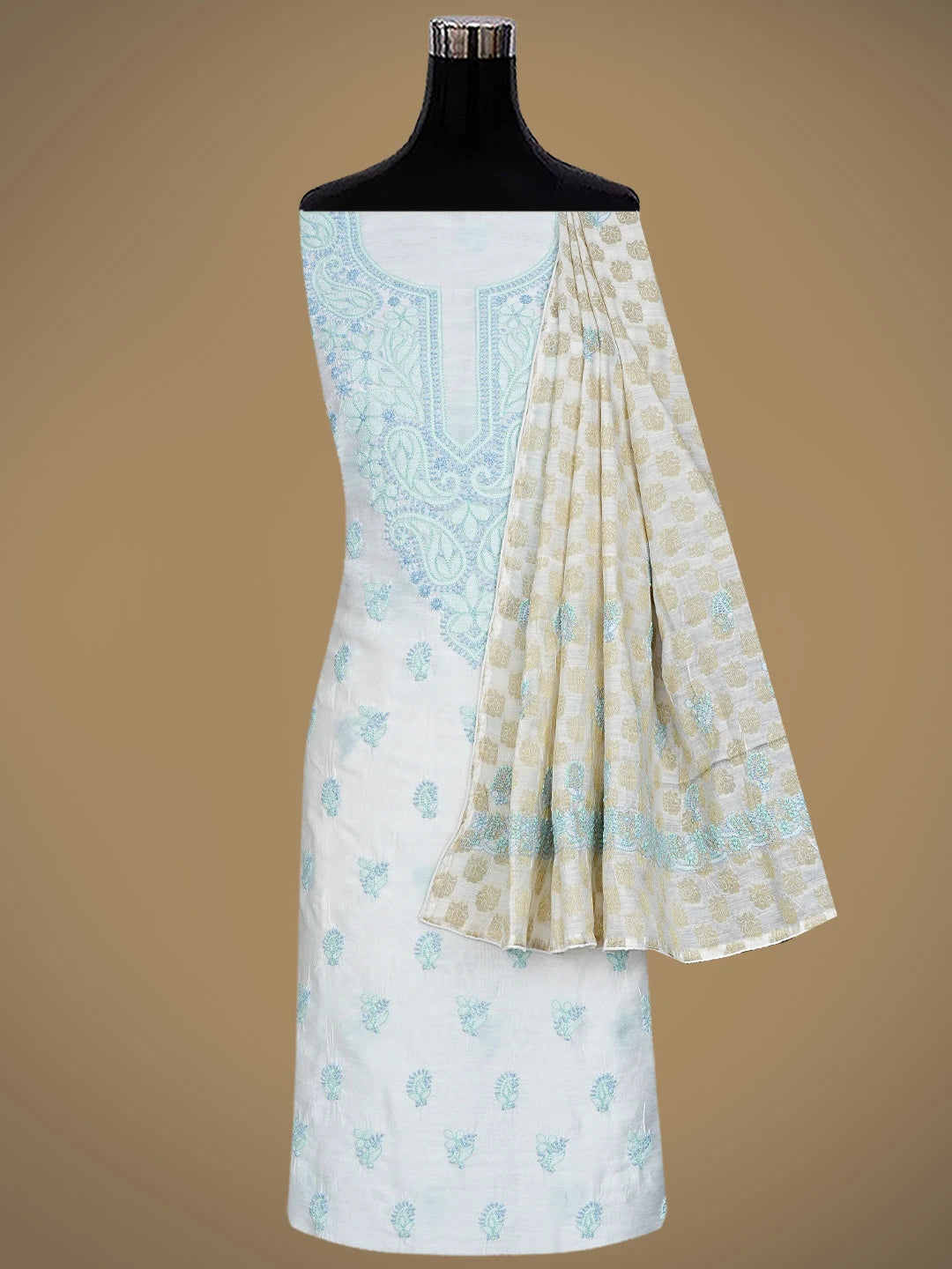 Ada Hand Embroidered White Chanderi Lucknowi Chikankari Unstitched Kurta Dupatta Set 01A871548