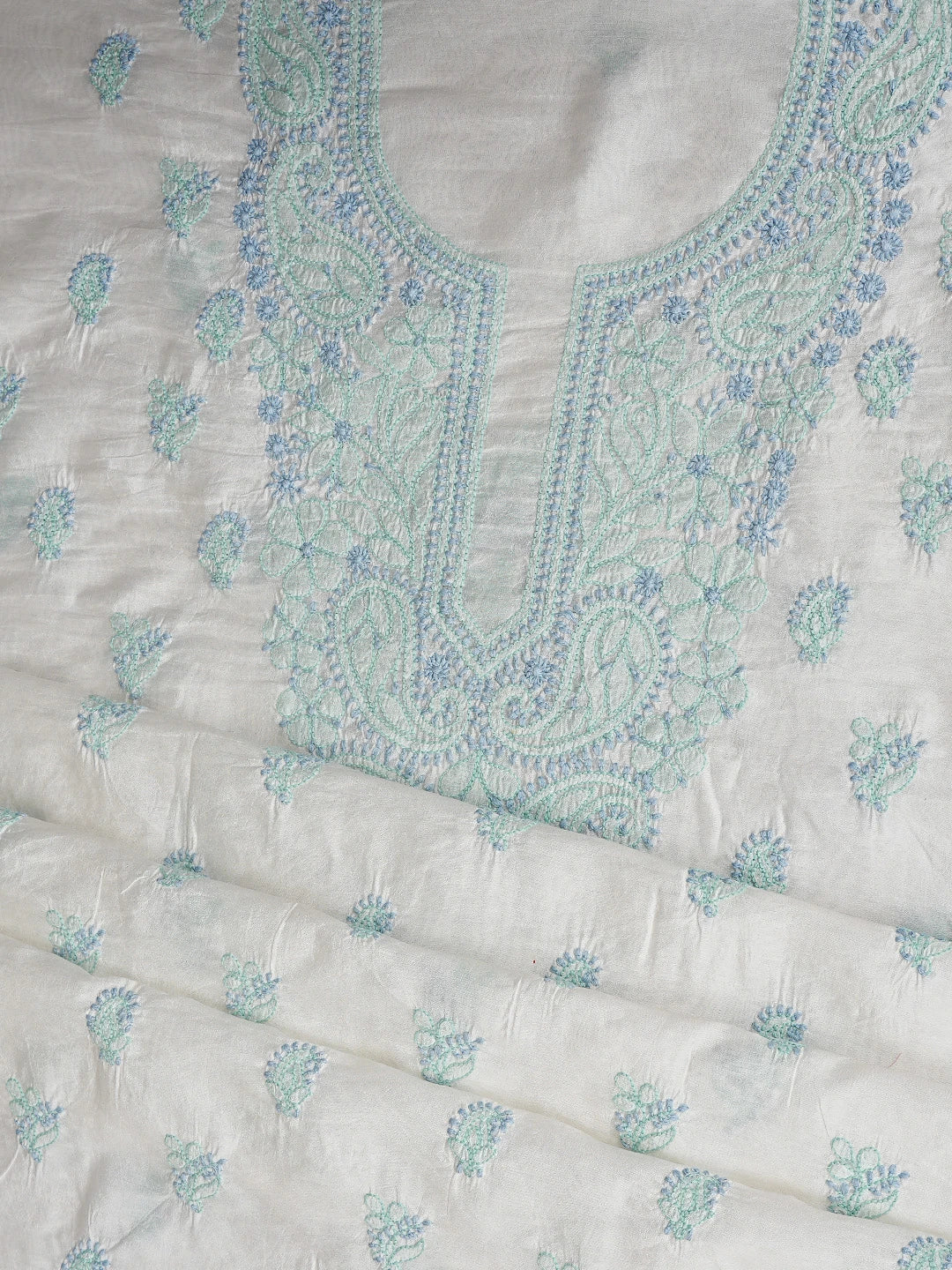 Ada Hand Embroidered White Chanderi Lucknowi Chikankari Unstitched Kurta Dupatta Set 01A871548