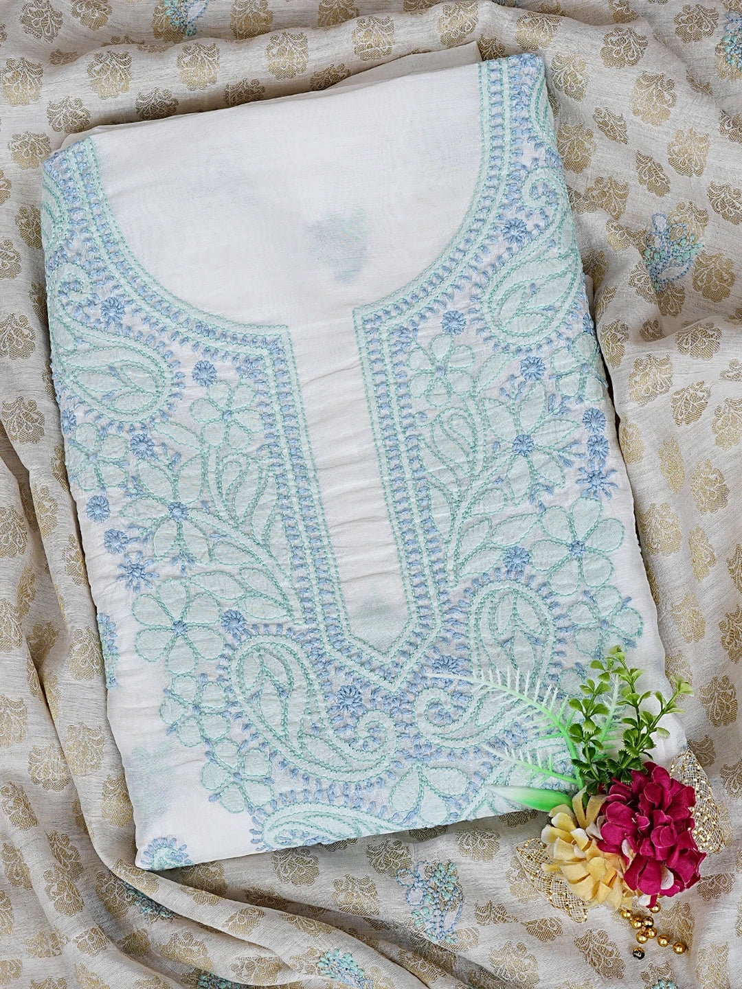 Ada Hand Embroidered White Chanderi Lucknowi Chikankari Unstitched Kurta Dupatta Set 01A871548