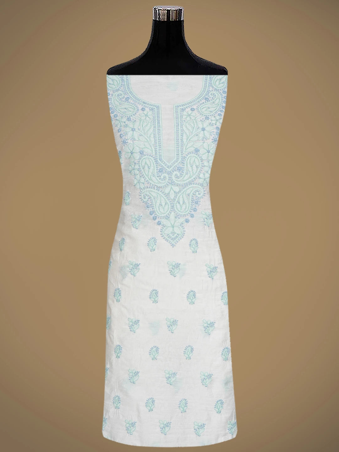 Ada Hand Embroidered White Chanderi Lucknowi Chikankari Unstitched Kurta Dupatta Set 01A871548