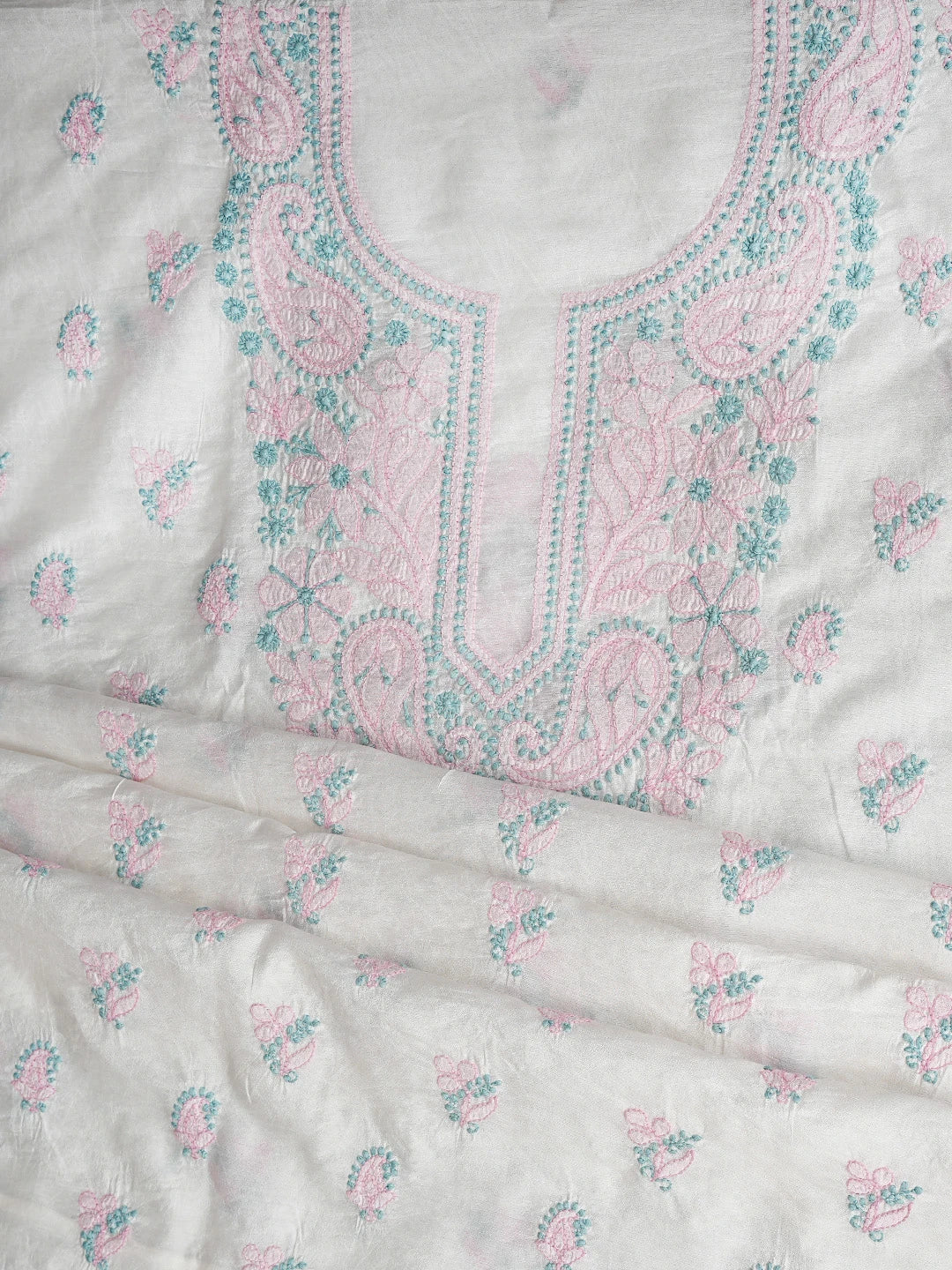 Ada Hand Embroidered White Chanderi Lucknowi Chikankari Unstitched Kurta Dupatta Set 01A871552