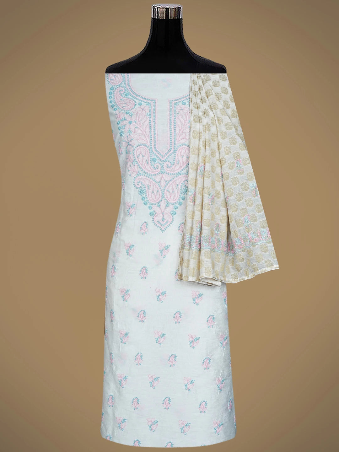 Ada Hand Embroidered White Chanderi Lucknowi Chikankari Unstitched Kurta Dupatta Set 01A871552
