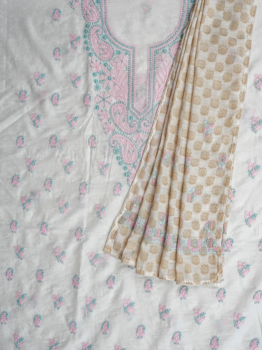 Ada Hand Embroidered White Chanderi Lucknowi Chikankari Unstitched Kurta Dupatta Set 01A871552