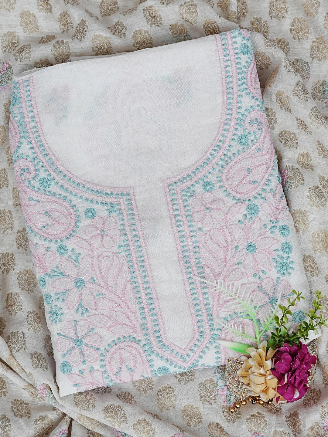 Ada Hand Embroidered White Chanderi Lucknowi Chikankari Unstitched Kurta Dupatta Set 01A871552
