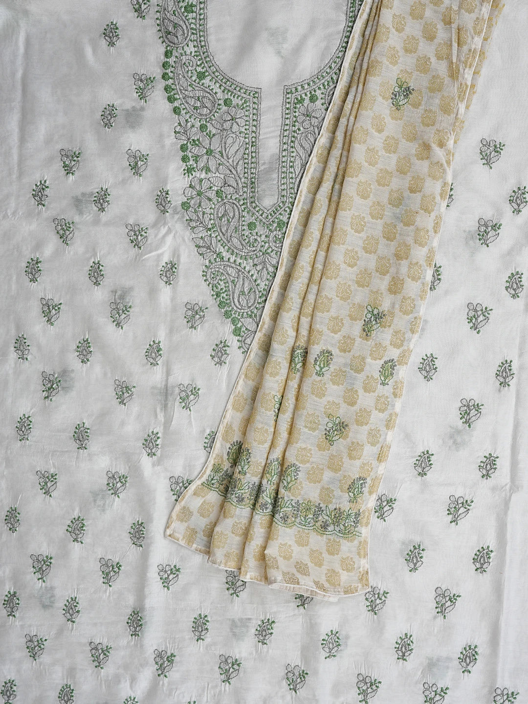 Ada Hand Embroidered White Chanderi Lucknowi Chikankari Unstitched Kurta Dupatta Set 01A871555